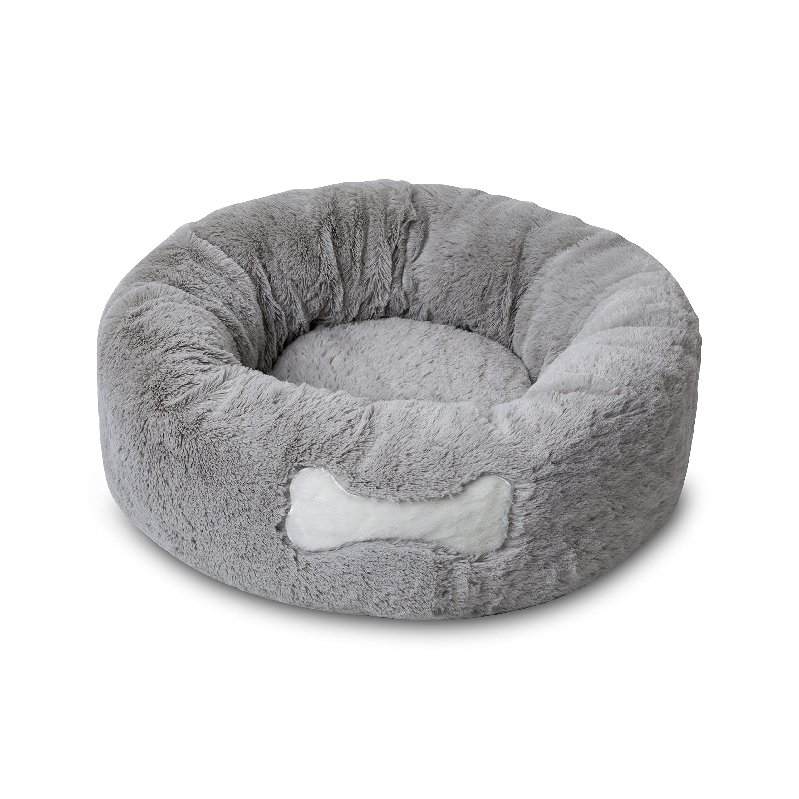Mikki Hunde-, Katzen-, Welpen-, Kätzchen-Design, ultraweiches graues Kunstfell, beruhigendes Donut-Bett, rundes Kissen, Kuscheltier – klein