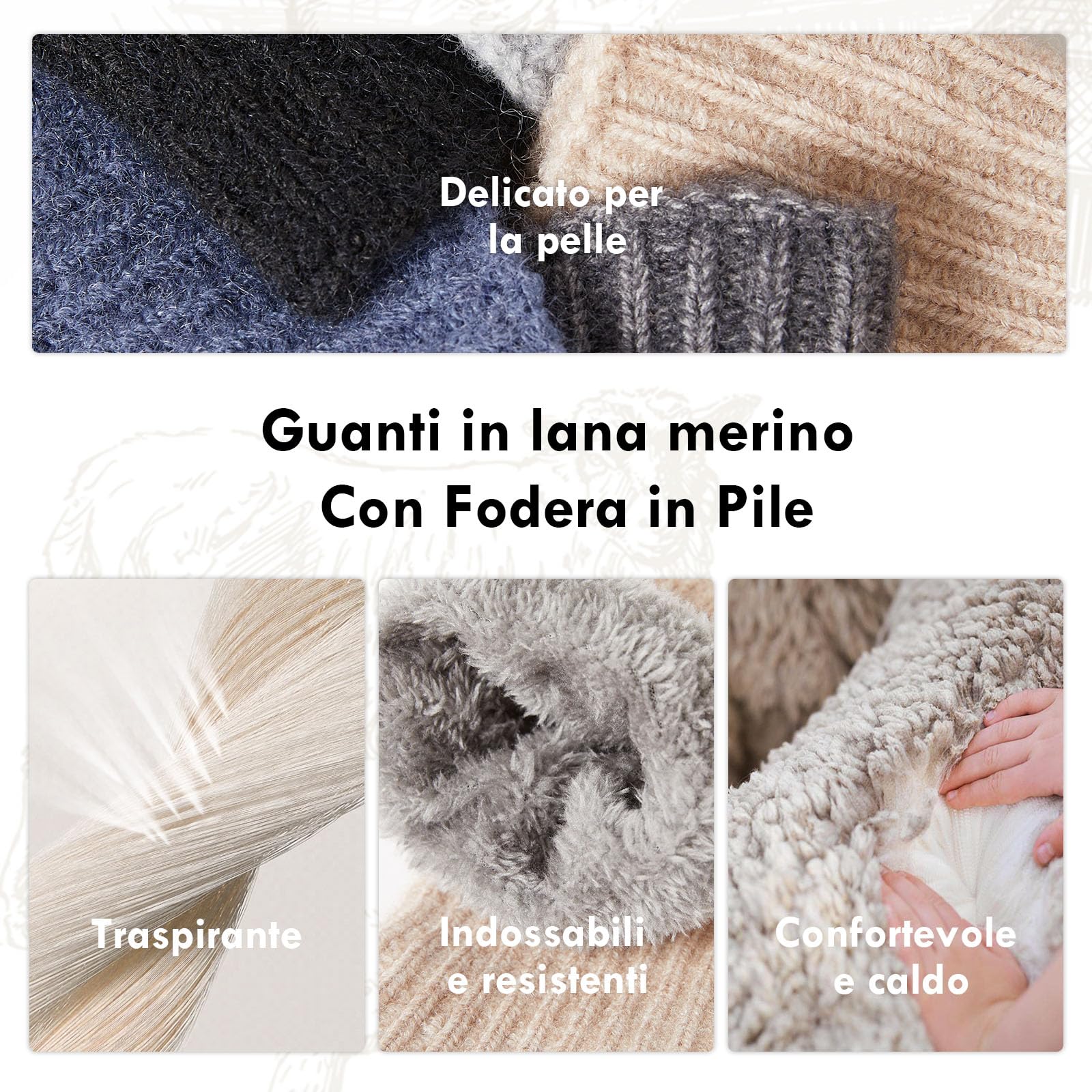 MAGISDU Guanti da donna Guanti termici invernali caldi Fodera in pile Lana Merino Touchscreen Doppio strato Grip elastico Guanti da esterno