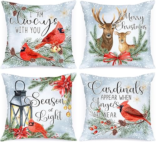 Lanpn Juego de 4 fundas de almohada navideñas de 20 x 20 pulgadas, fundas de almohada decorativas de invierno con alce de pájaro de 20 x 20