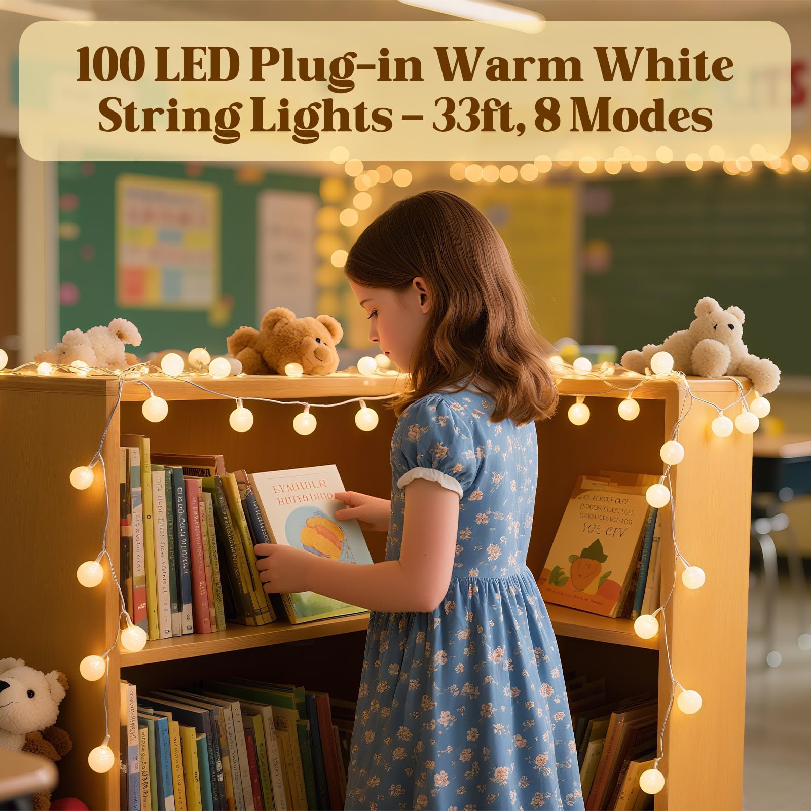200 luces LED blancas cálidas para aula, cadena de luces de hadas de 66 pies con 8 modos, iluminación colgante de globo impermeable para profesores, techo de aula, tablón de anuncios, pizarra blanca