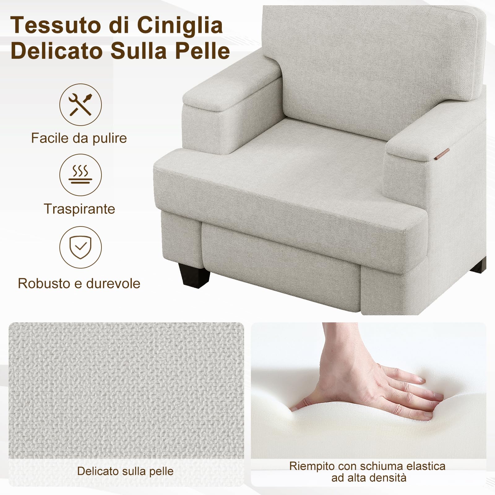 Extra-Grand Poltrona Salotto Contenitore, Divano Singolo Poltrone Camera da Letto con Braccioli con Contenitore, Poltrona Imbottita Relax per Salotto Soggiorno Camera da Letto, Bianco