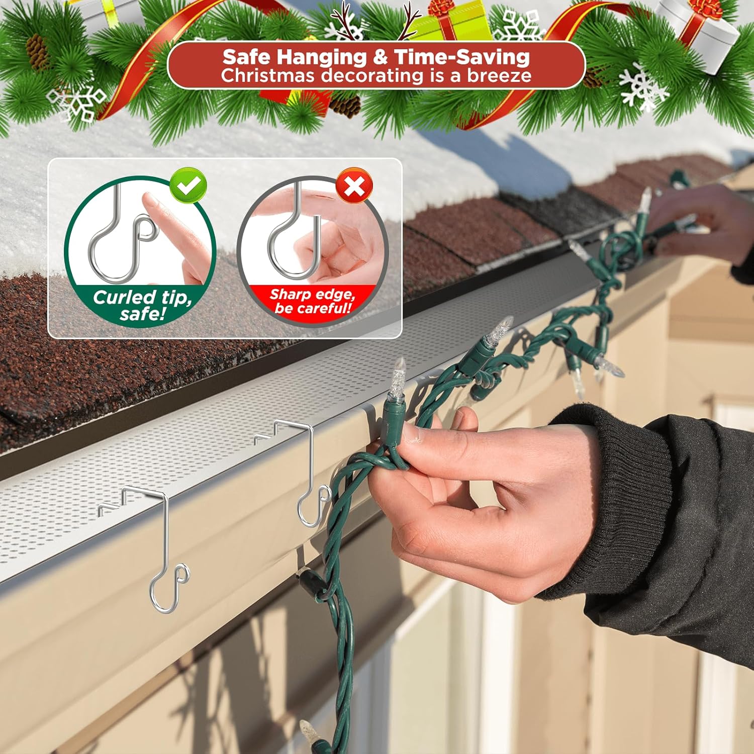 100PCS Christmas Light Hooks for Gutter Guards with Perforated or Mesh, Stainless Steel Hanger Clips for Hanging Outside Christmas Lights Strings, Outdoor Windproof Anti-Slip Metal Hooks (100)