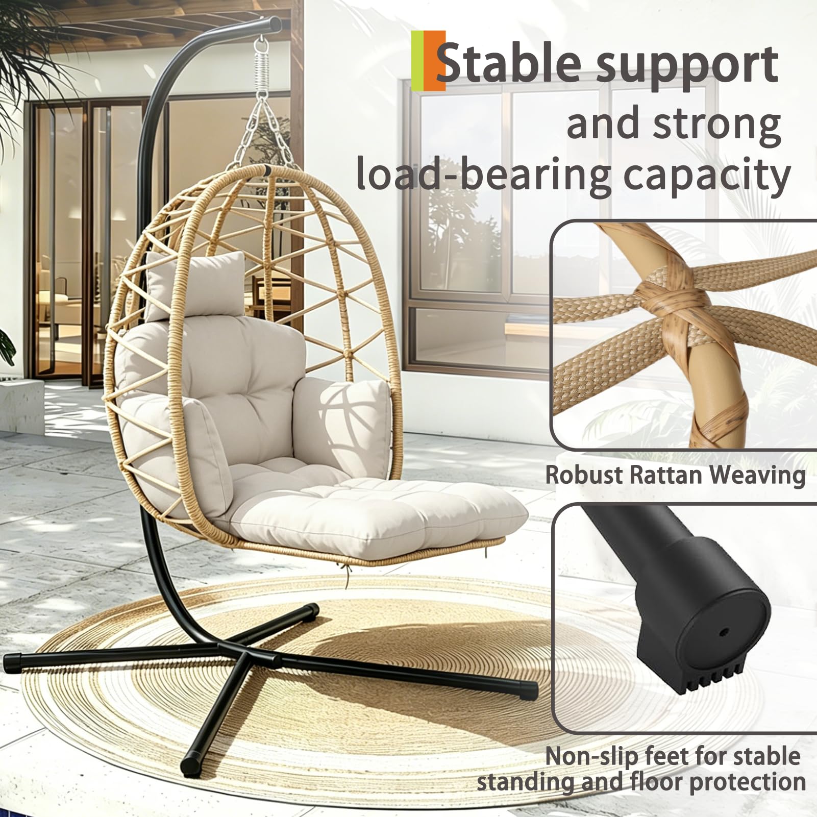 Hängesessel mit Gestell, Hängekorb Sessel mit Fußablage und Dicke Kissen, Outdoor oder Indoor Rattan Hängesessel, Möbel für Garten, Balkon, Wohnzimmer, Belastbar bis 150kg (Gray)