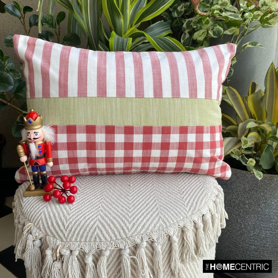 Holiday Decorative Lumbar Pillow Cover, 12" x 14" Red Cotton Pillowcase, Farmhouse Check & Stripe Buffalo Checks Oblong Pillow Cover For Sofa Couch, Hotels, Living Room, Bed Room - Red Merry Grid