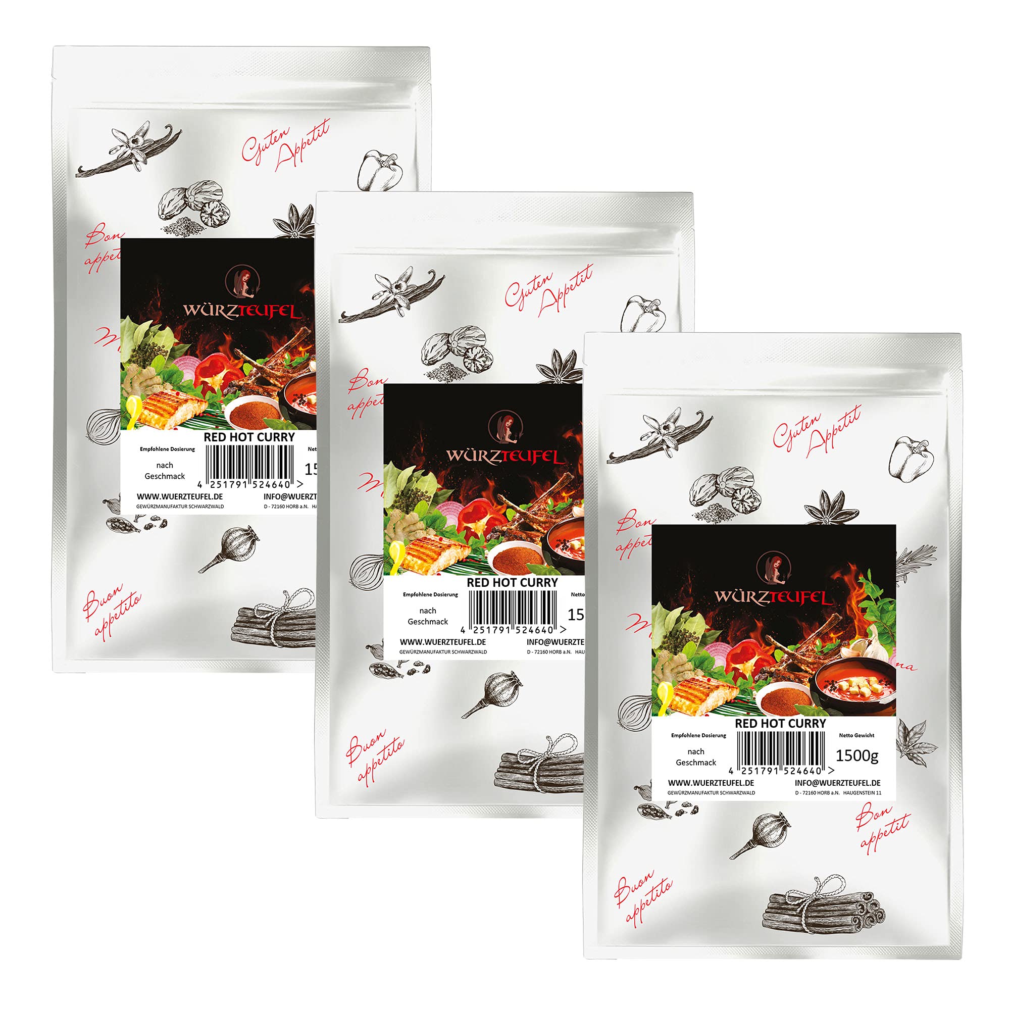 Curry - Gewürzmischung. Red, Hot Curry. Masala-Gewürzmischung. Feurig-würzige Gewürzspezialität in Premiumqualität. 3 PE - Beutel je 1500g (4,5KG)