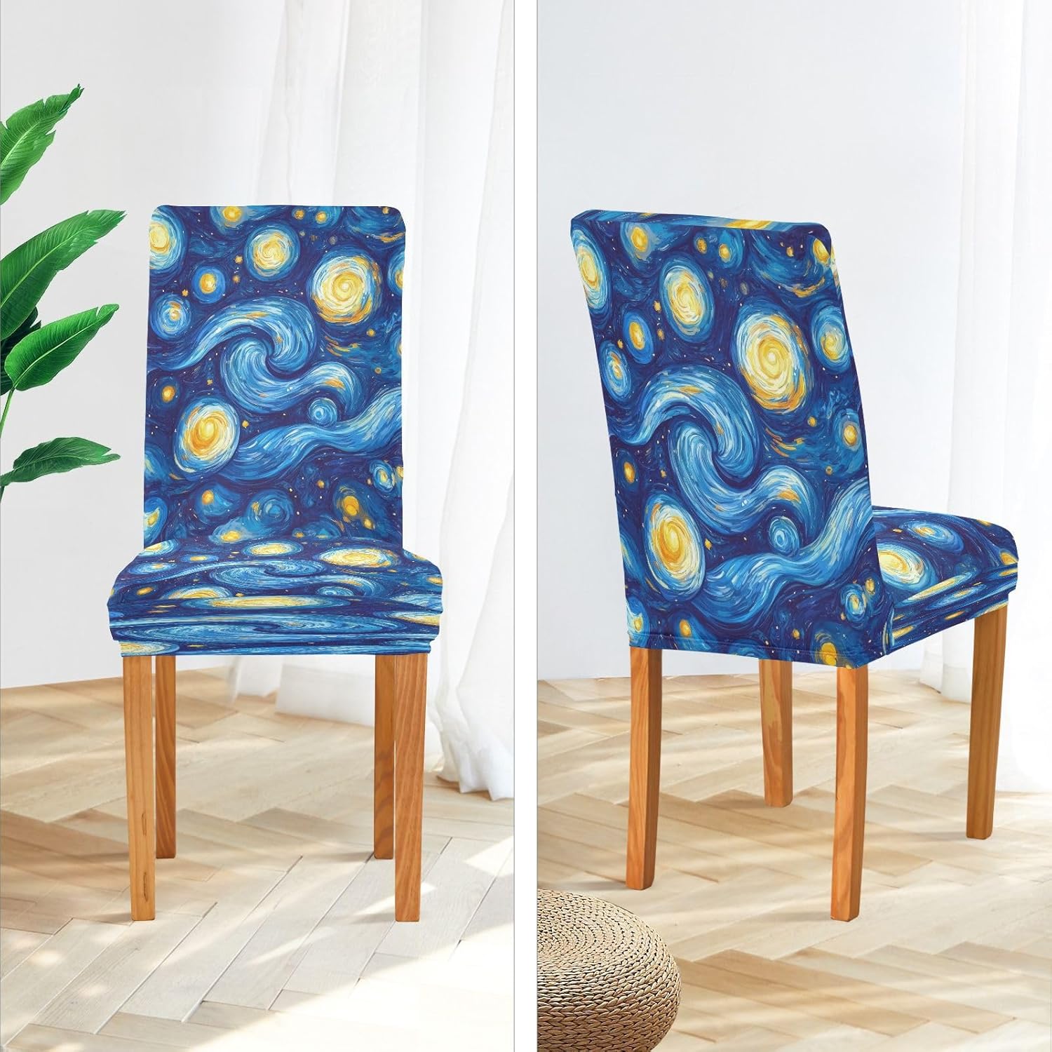Van Gogh Style Starry Night Dining Chair Covers 4 Pack Stretch Chairs Slipcovers Removable Seat Protector Cover
