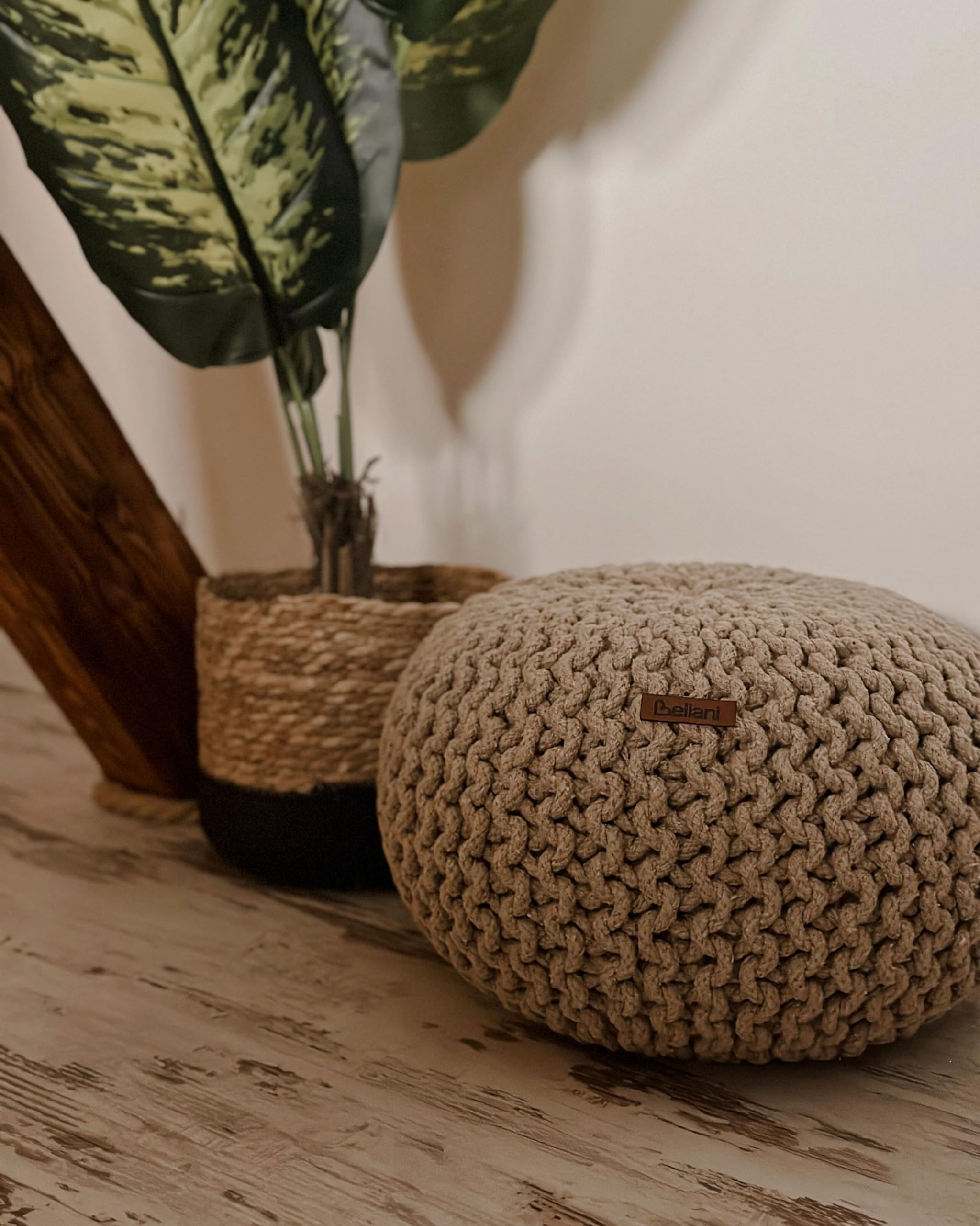 Puf podnóżek otomana bawełniany 40 x 25 cm pleciony dziergany beżowy Conrad