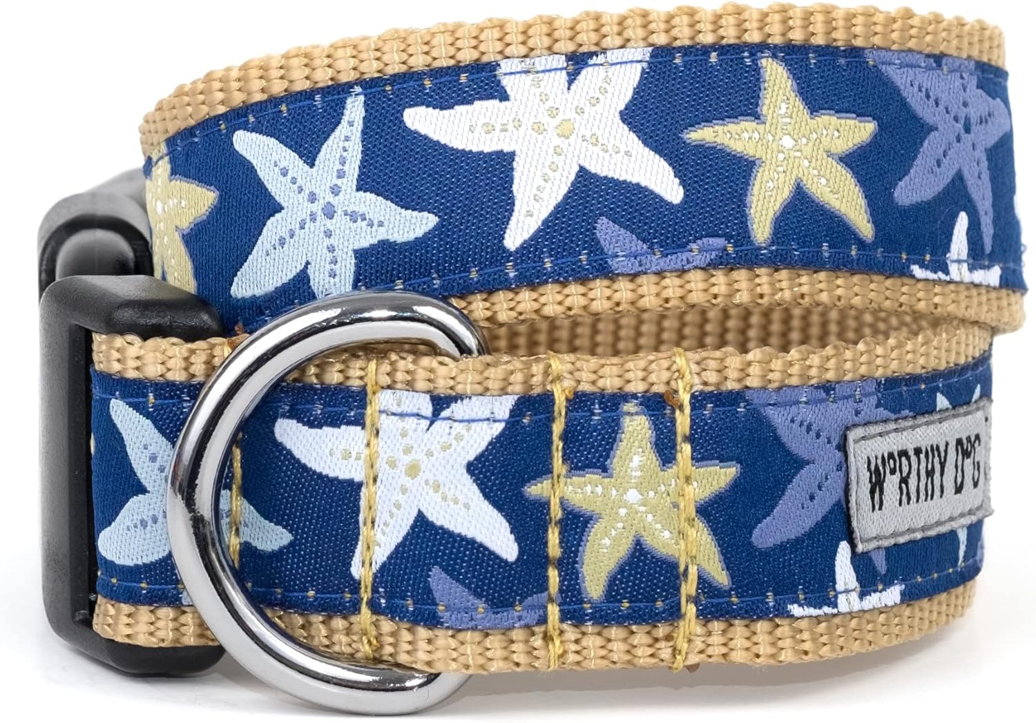 THE WORTHY DOG Spring Holiday Starfish Floral Dog Collar – Durable Nylon, Woven Ribbon, Quick-Release Buckle, Nickel D-Ring – Blue, X-Large