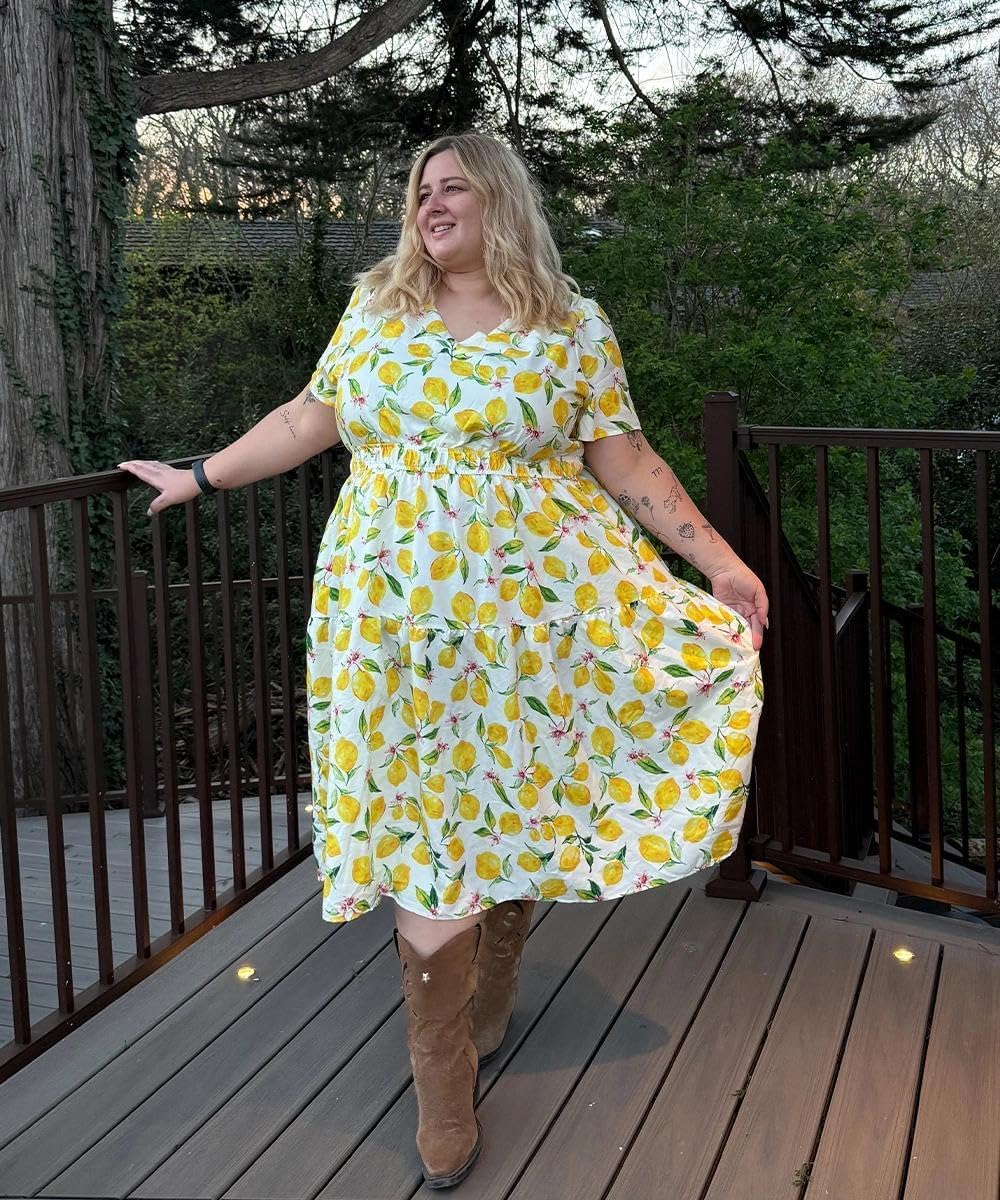 RITERA Kleid in Übergröße, für kurvige Frauen, V-Ausschnitt, kurzärmelig, langes Sommerkleid, gesmokt, Strand, Urlaub, Hochzeit, Böse, Größe XL - 5XL