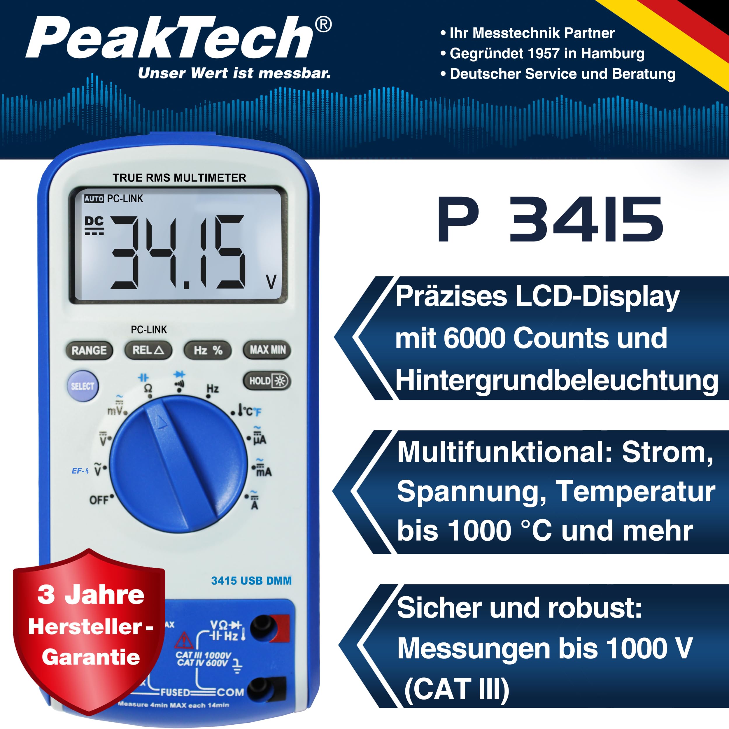 PeakTech P 3415 – TRUE RMS Digital Multimeter 6000 Counts mit USB, Durchgangsprüfer, Temperatur und Autorange - Cat III 1000V/ CAT IV 600V