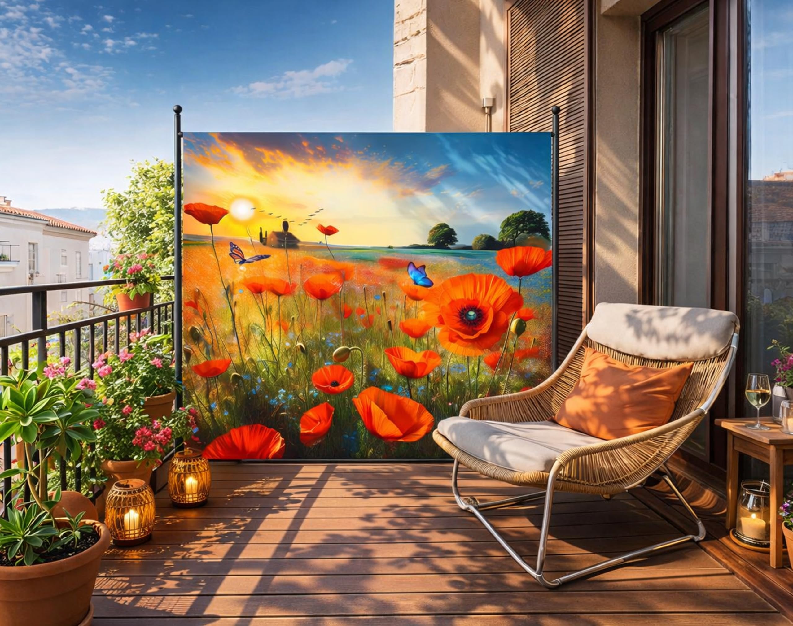 Paravent 180 x 180 cm Poppy Meadow Cloison de séparation pour balcon jardin Brise-vue