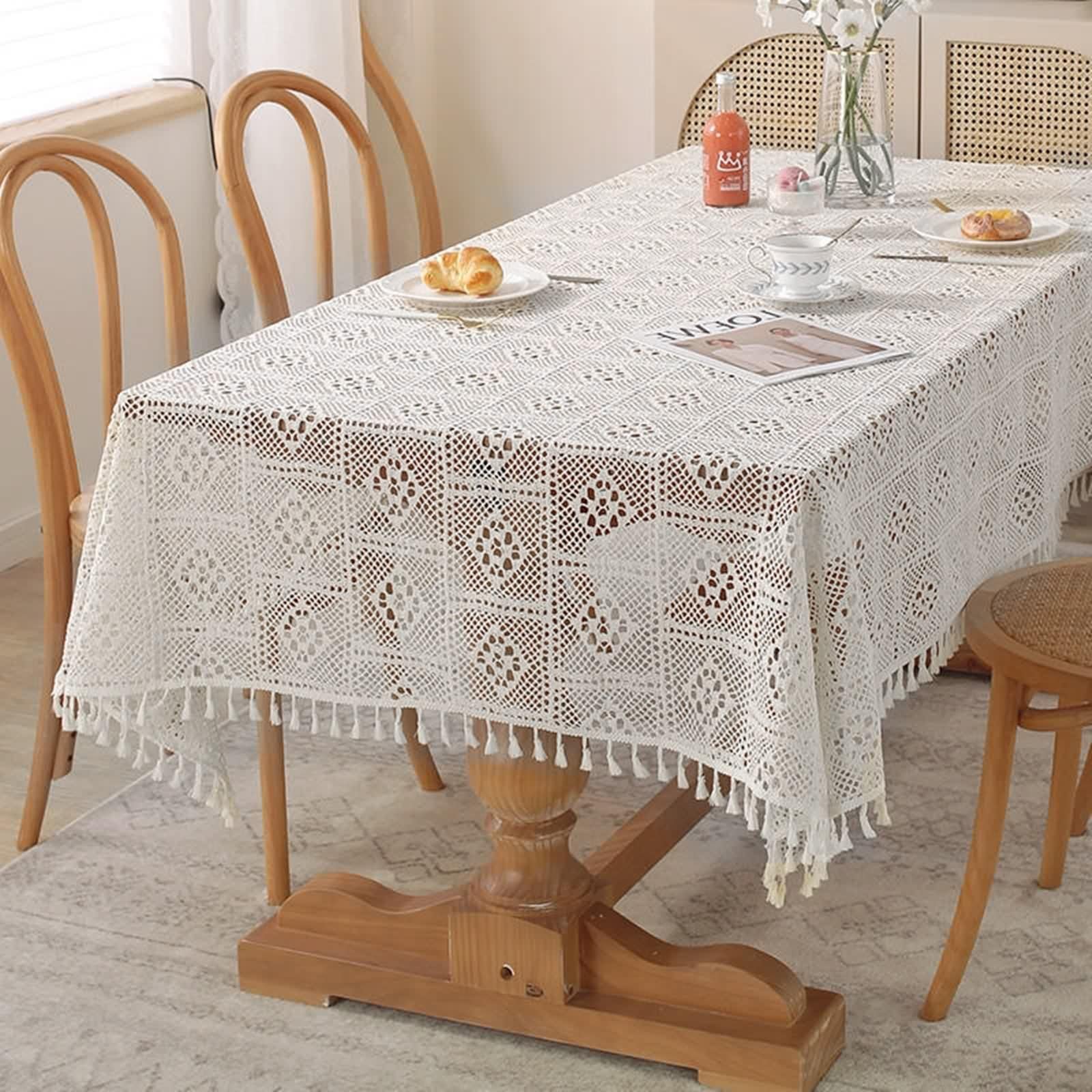 Table Cloth Vintage Mantel Blanco Fiesta Poliéster Algodón Patrón de Punto para Plaids Table Cover 140 x 250 cm para Cumpleaños Boda
