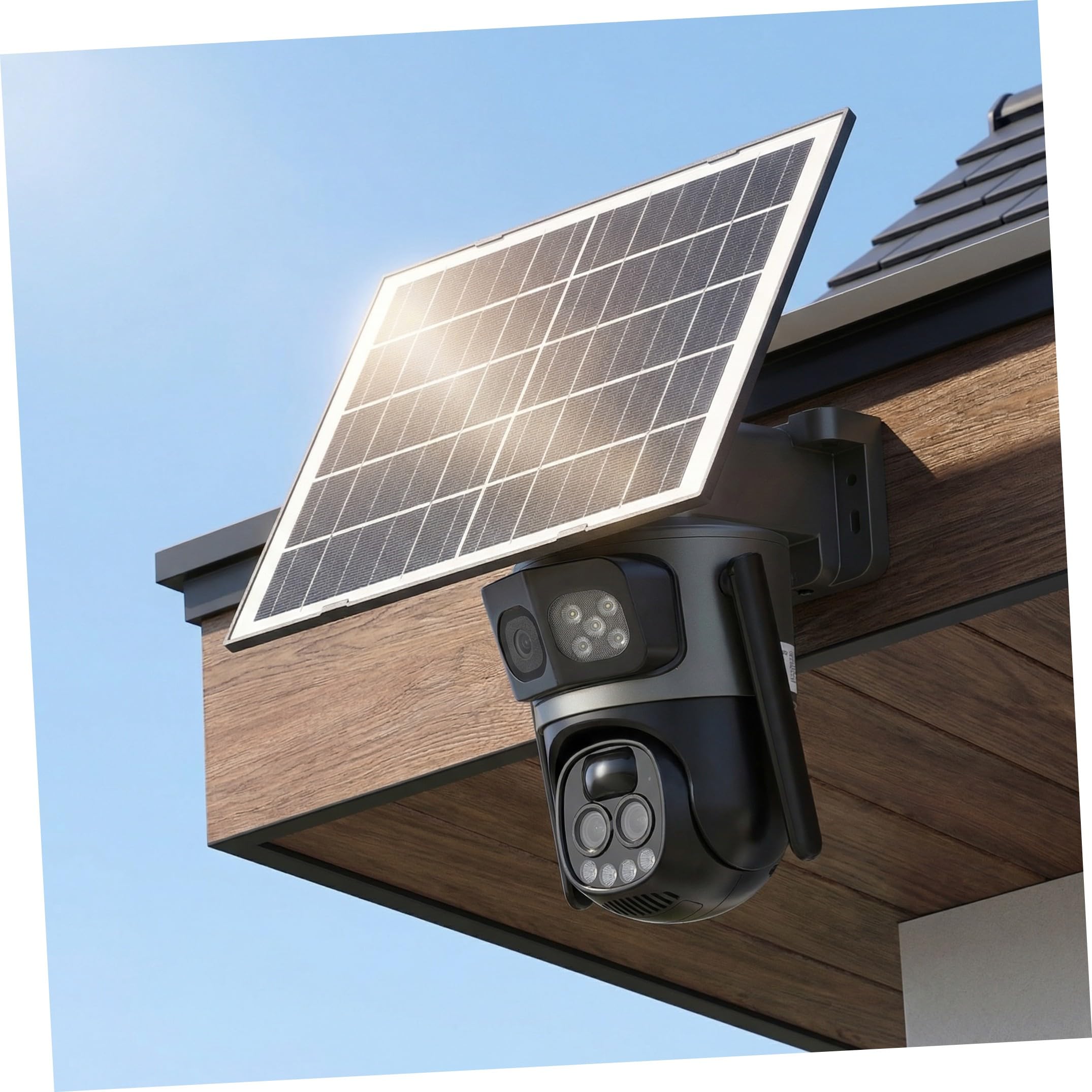 INOOMP Telecamera di Sicurezza Solare a Tripla Lente 5mp, Zoom 10x, Visione Notturna a Colori, Audio Bidirezionale, per Esterni e Sicurezza Domestica, Ip66, Abs
