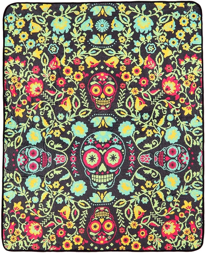 Fun Costumes Colorful Floral Sugar Skull Halloween Fleece Microfiber Throw Blanket 60