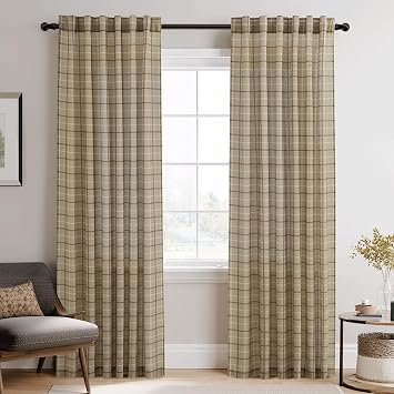 RYB HOME Farmhouse Linen Plaid Curtains Light Filtering 96 inches Long