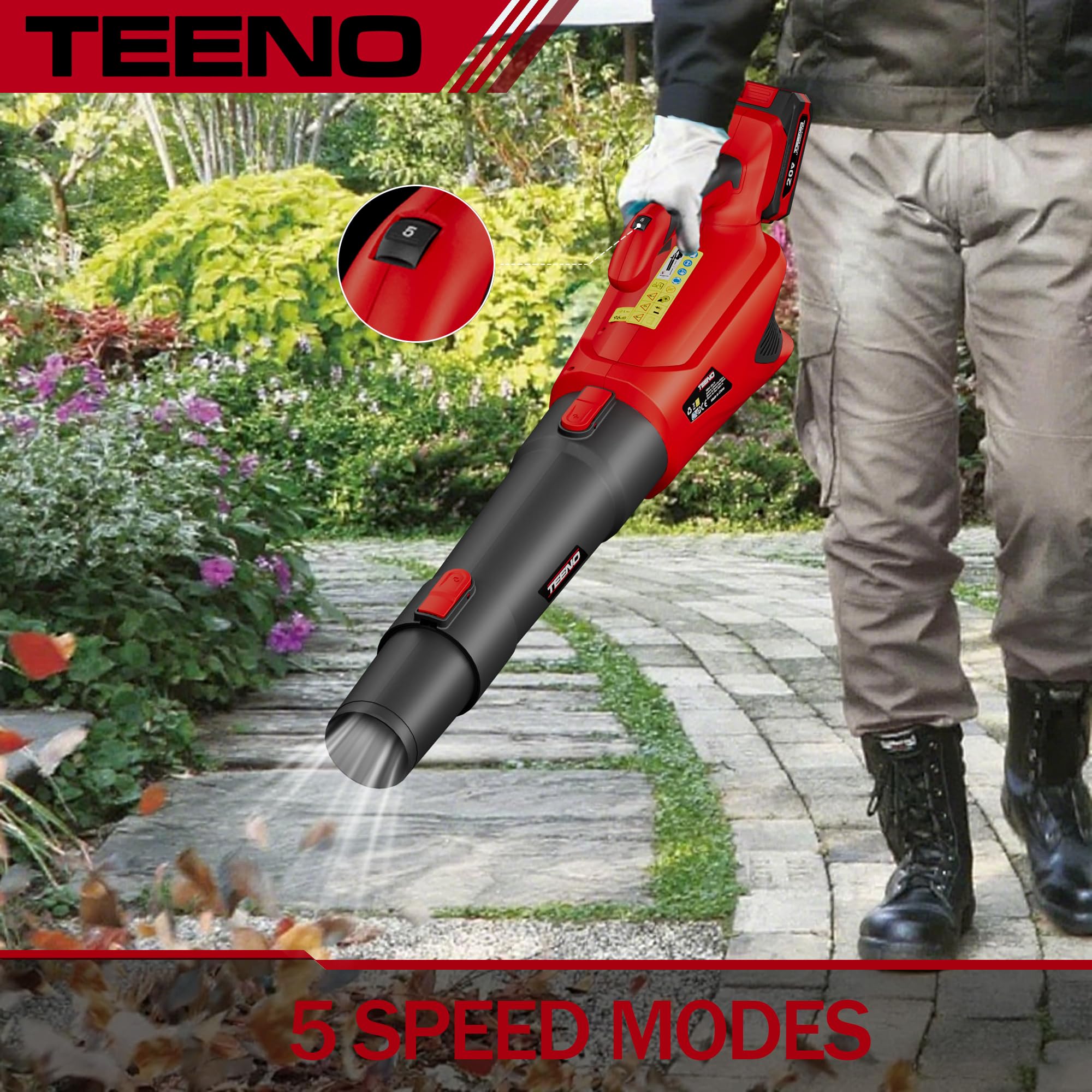 TEENO Souffleur de Feuilles sans Fil 20V, 4,0Ah souffleur à Feuilles avec Batterie, 5 Modes de Vitesse pour l'entretien de la pelouse, 4500W, Le soufflage de la Neige, et Le dépoussiérage