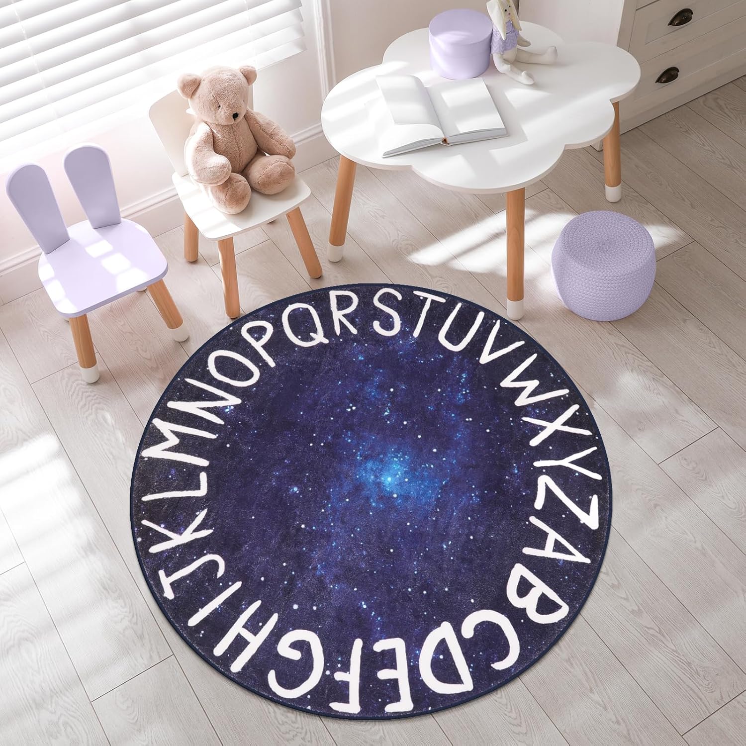 LIVEBOX Kids Rug, Round Alphabet Washable Rug for Kids Room, Star Blue, 40"