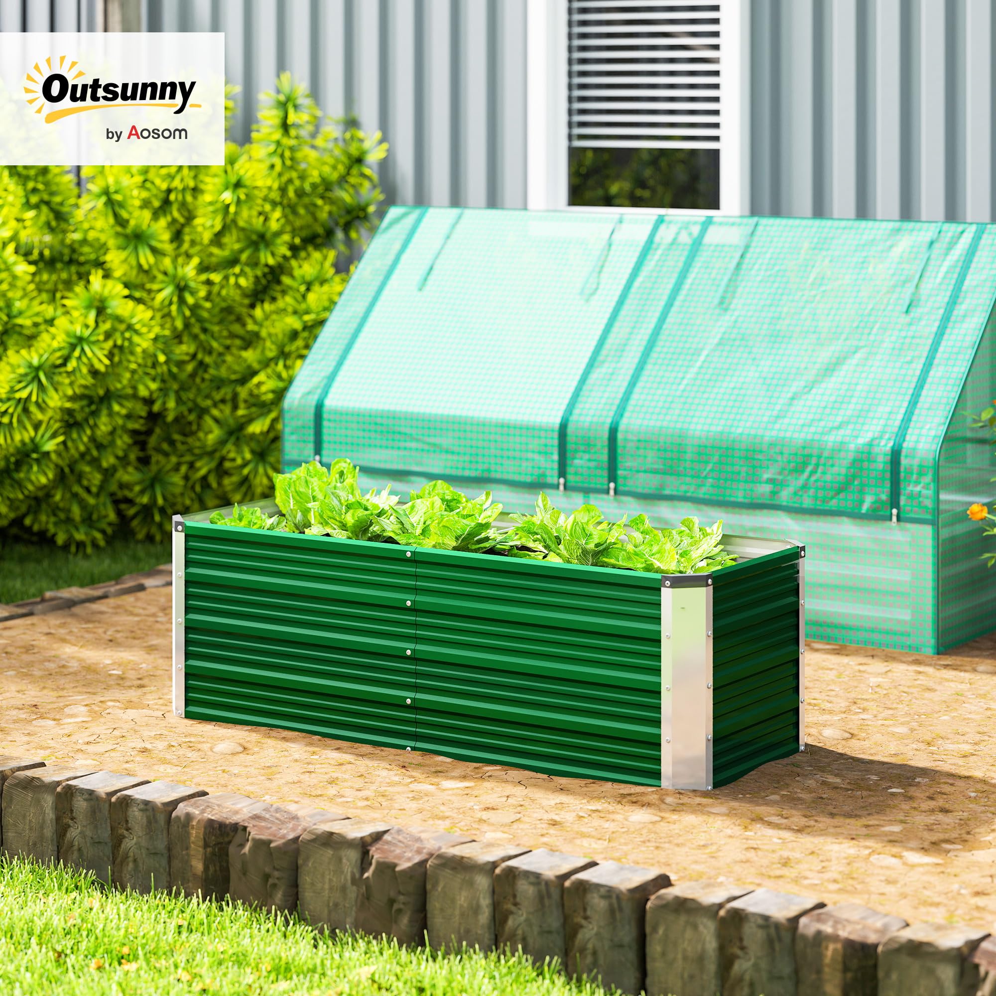 Outsunny Letto per Orto Rialzato da Esterno 210L, Fioriera da Balcone in Acciaio Galvanizzato con Fondo Aperto, per Piante, Fiori e Verdure, 125x47x44 cm, Verde