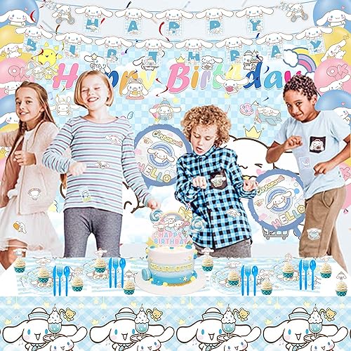 Miniatura 7 de Decoraciones de cumpleaños kawaii, suministros de fiesta de perro lindo incluyen pancarta de feliz cumpleaños, remolinos colgantes, telón de fondo,