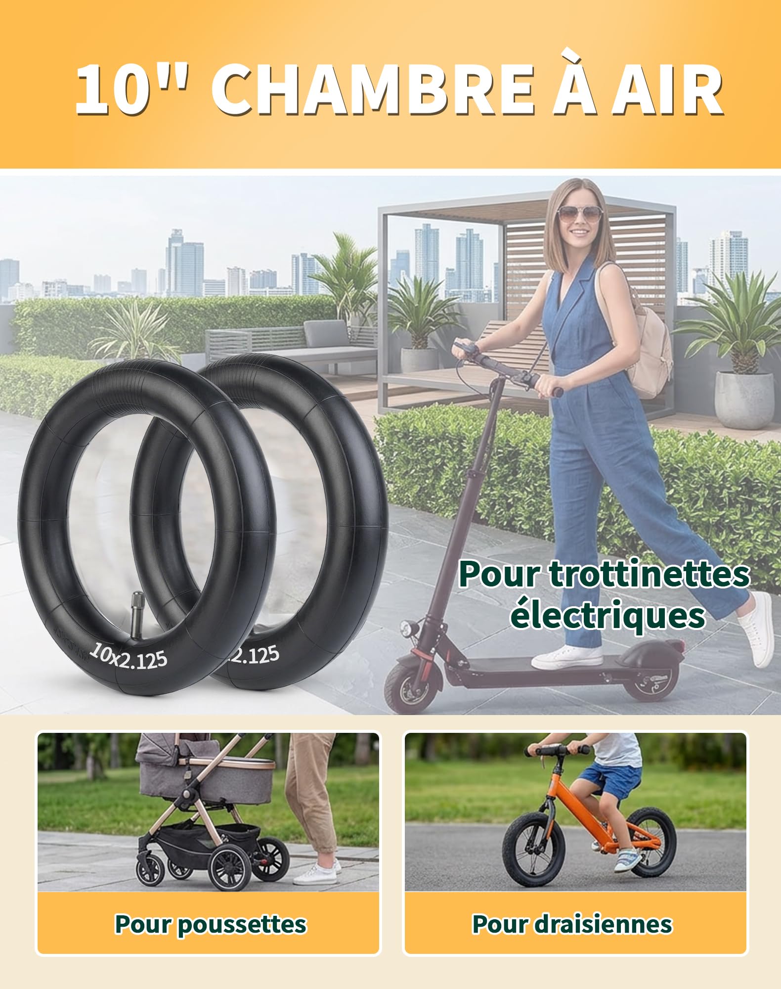 LAOYE 2 Pcs Chambre a Air 10x2.125 10x2 Valve Droite TR13 Chambre à Air 10 Pouces pour Trottinette Electrique