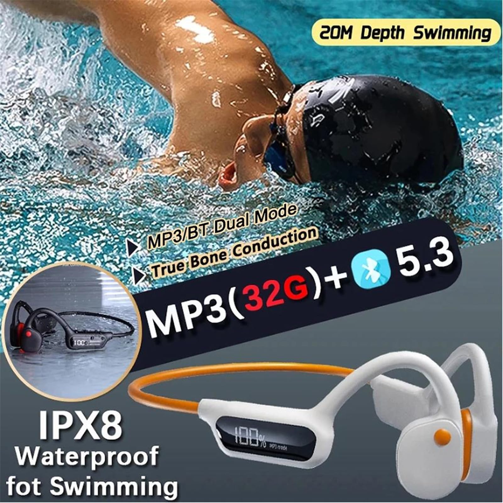 Przewodnictwo kostne Bluetooth 5.3 słuchawki bezprzewodowe IPX8 wodoodporny zestaw słuchawkowy 32 GB odtwarzacz MP3 pływanie zaczep na ucho z wyświetlaczem mocy mikrofonu (biały)