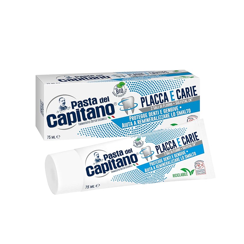Immagine del prodotto Pasta del Capitano, Dentifricio Placca e Carie Bio, Garantisce una Pulizia Profonda, Protegge Denti e Gengive, Soluzione Ideale contro Placca e Carie, 100% Made in Italy, Tubetto da 75 ml