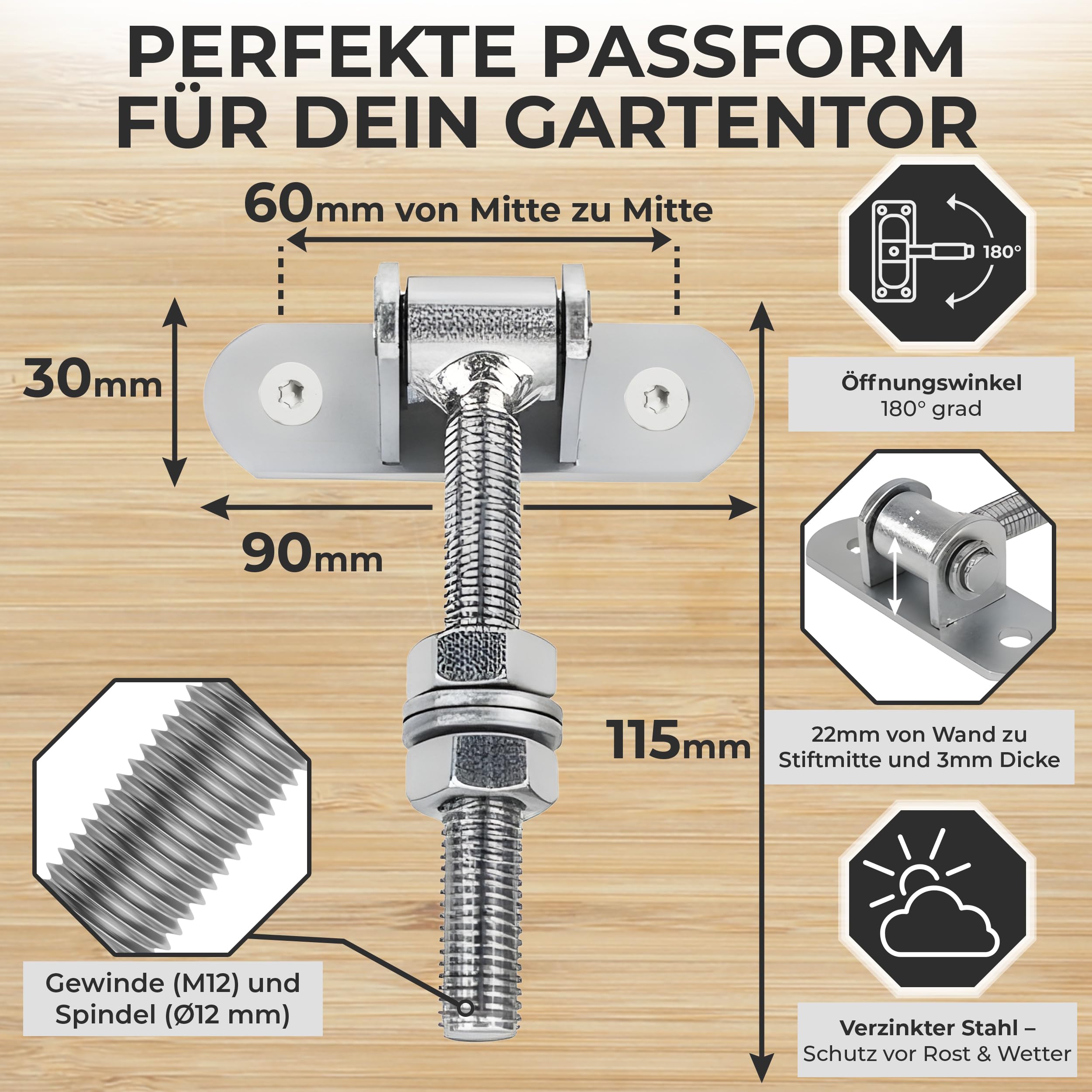 Juego de 4 bisagras de puerta ajustables M12 115 mm, galvanizadas, placa de montaje de 90 mm, incluye tornillos autorroscantes para madera y metal, puerta de jardín, puerta de patio o valla