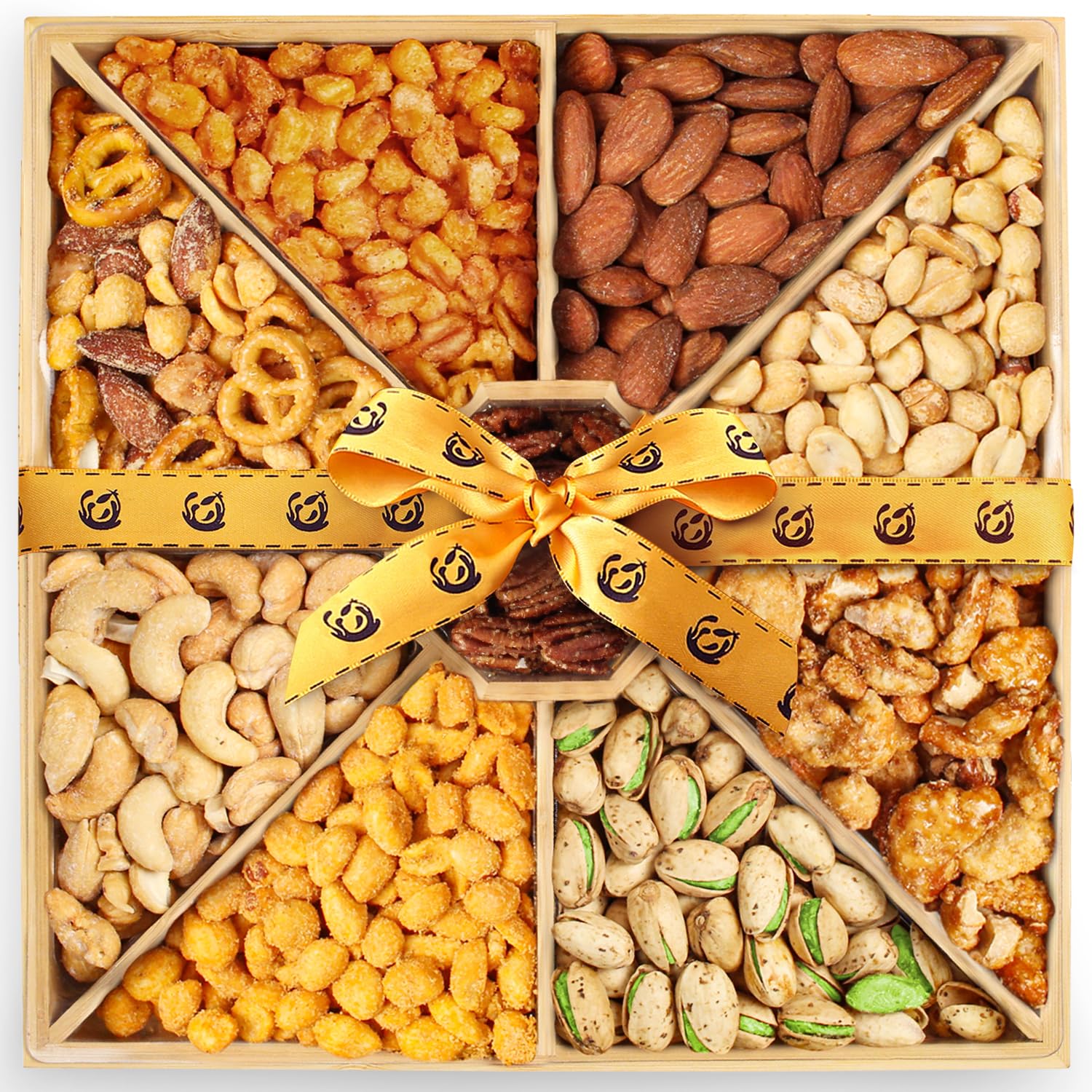 Valentines Day Gourmet Mixed Nuts Gift Basket in Sleek Bamboo Wood Reusable Platter | XL 2 lb Platter Includes 9 Assortments of Premium Nuts, Kosher