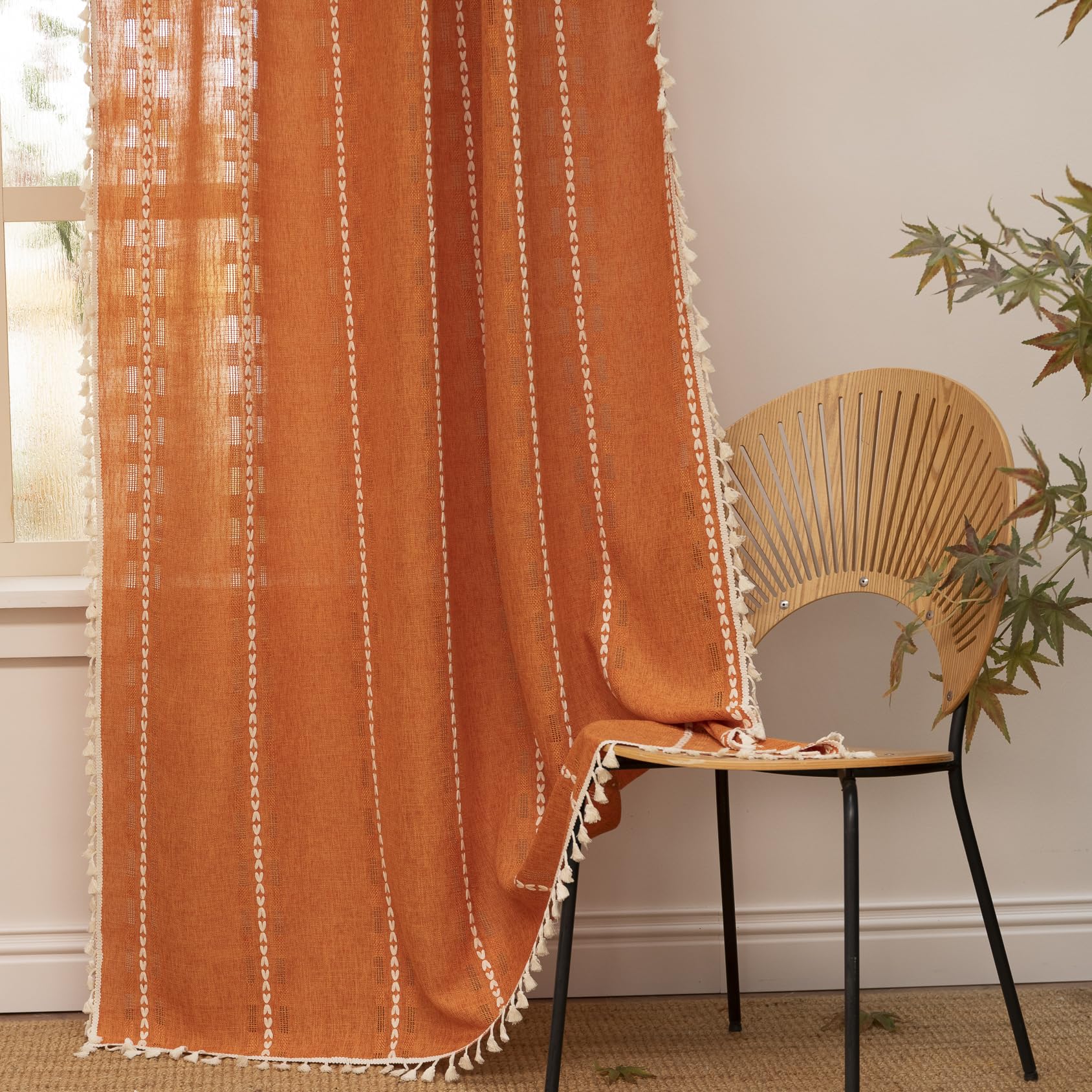 Deeprove Orange Boho Curtain 84 inches Length for Living Room Bedroom, Bohemian 84 inches Long Burnt Terracotta Fall Embroidery Textured Halloween
