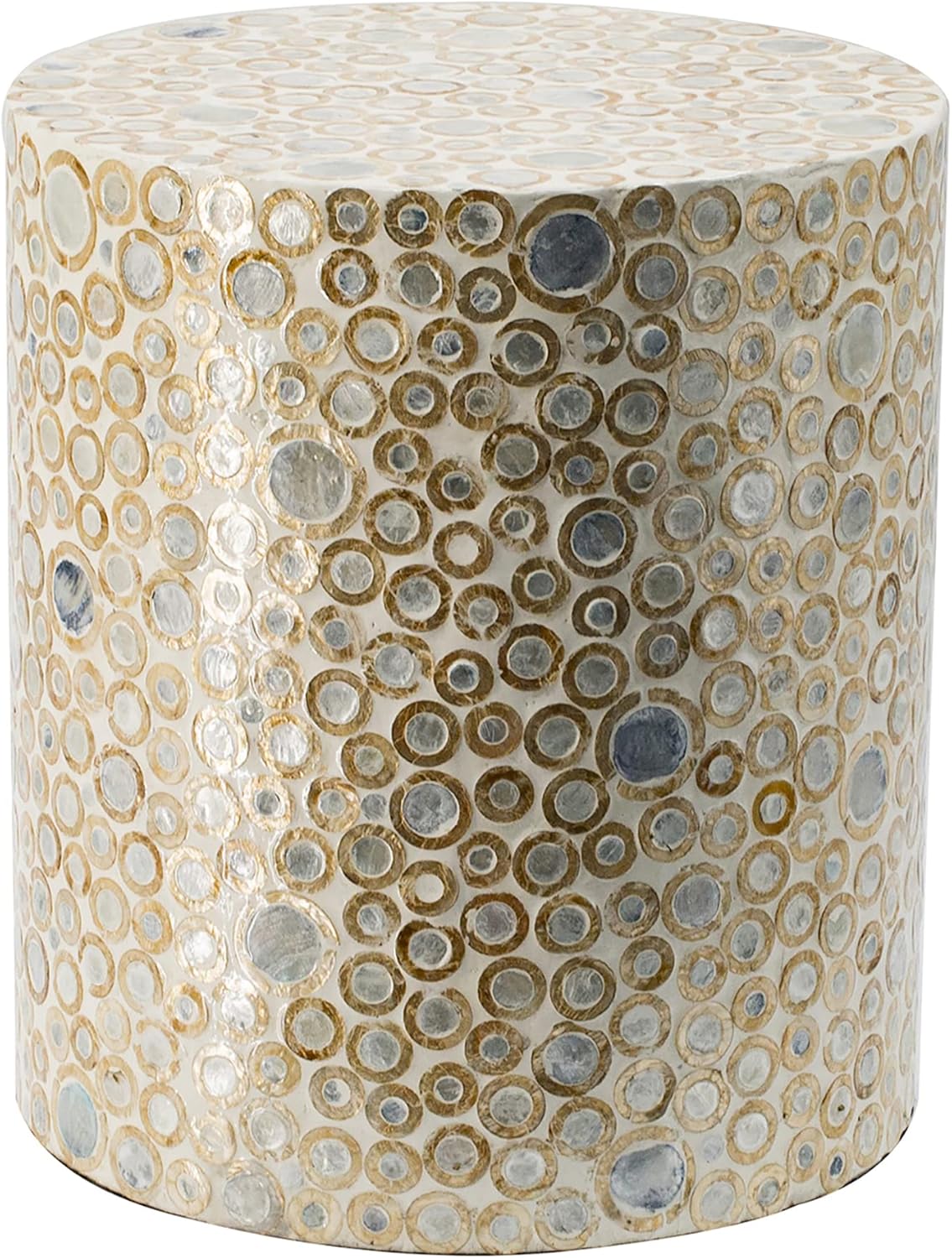 A&B Home Mother of Pearl End Table, Cream Round Capiz Stool, Live Edge Coffee Table, Living Room Plant Stand, 14" x 14" x 16"