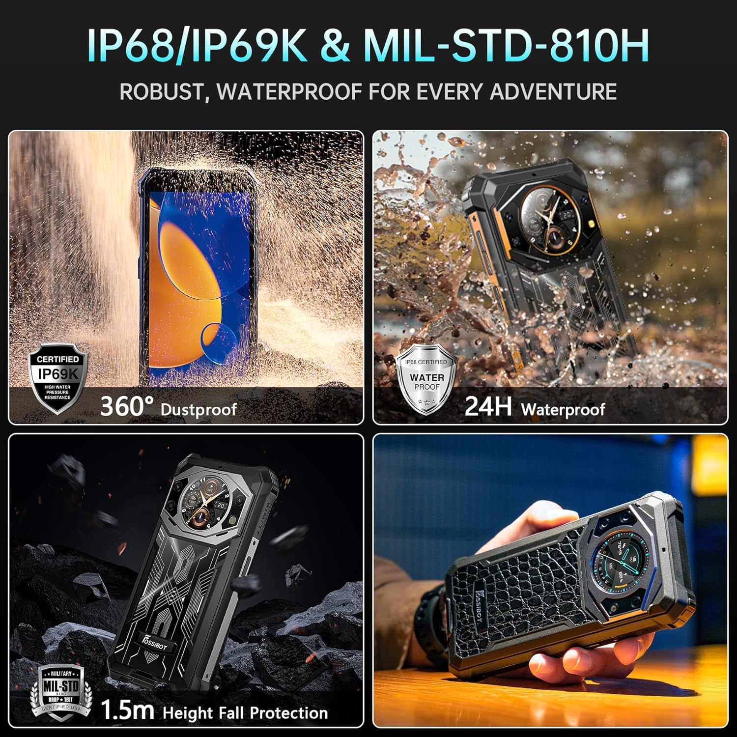 FOSSiBOT F101 Pro Outdoor Handy ohne Vertrag,Dual Bildschirm 15GB(8+7)+128GB/1TB,10600mAh Akku,5,45"HD+Bildschirm,24MP Kamera,Android 13 Outdoor Smartphone IP68/69K,Dual SIM 4G,Face ID,OTG,NFC,Schwarz
