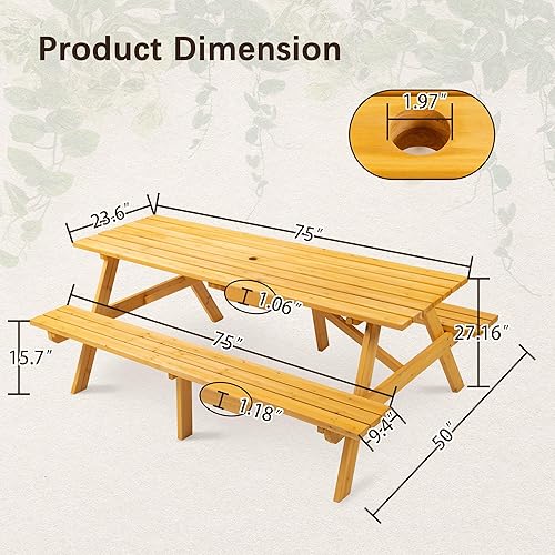 Miniatura 10 de Pvillez Mesa de picnic redonda de madera para 6 personas, mesa de comedor al aire libre de 35 pulgadas con 3 bancos integrados, agujero para