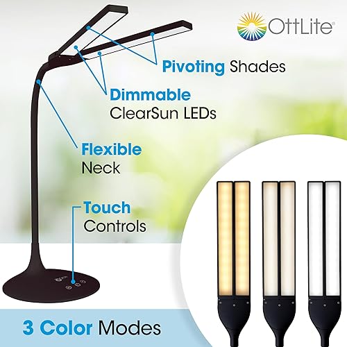 Vista 2 de OttLite Lámpara de escritorio LED pivotante: 3 modos de color, temporizador de apagado de 40 minutos, cuello ajustable, LED ClearSun, controles