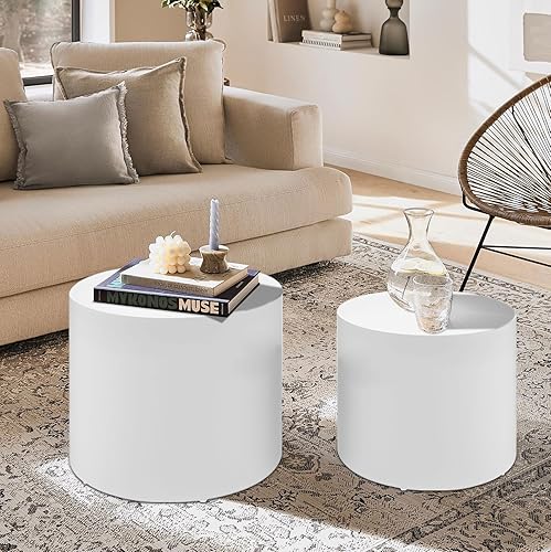 Mesa de centro redonda anidable, mesa de centro de madera moderna, juego de 2 para espacios pequeños, sala de estar, color blanco