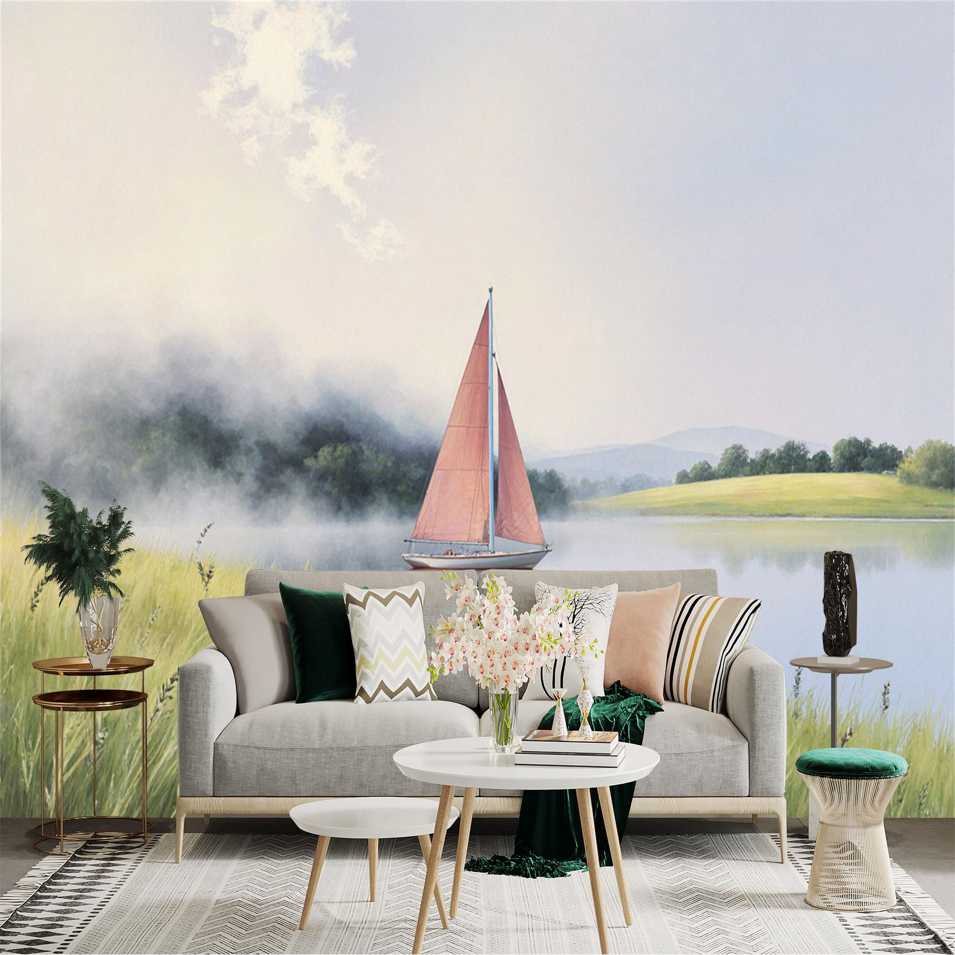 Custom Size Wall Sticker Mural， Sailboat on Calm Lake with Morning Mist and Green Hills， for wall Decoration， peelandstick wall Decals.