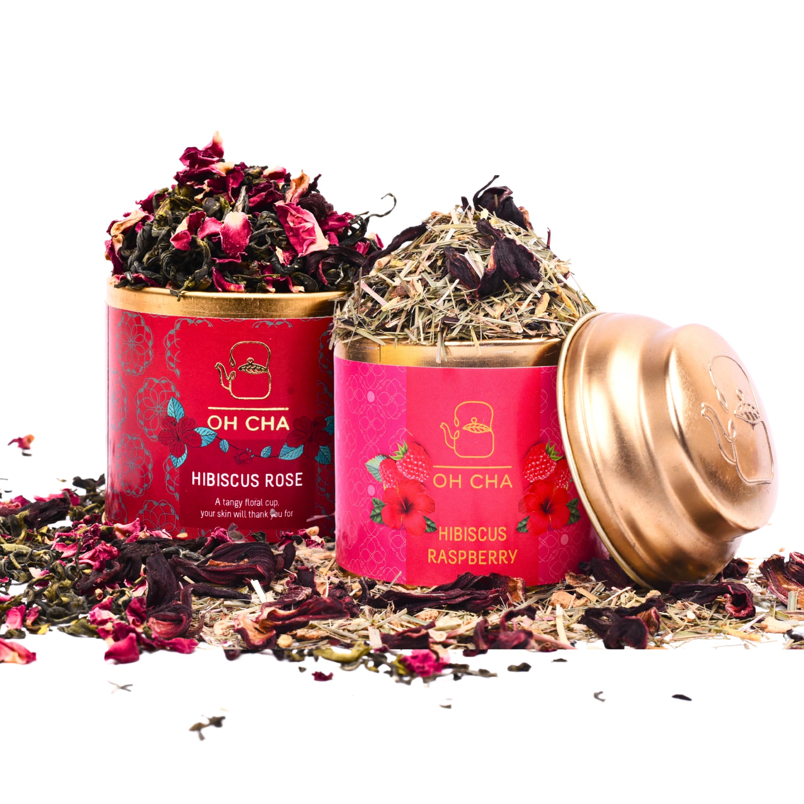 OH CHA - Hibiscus Tea Combo Pack | Hibiscus Rose + Raspberry | 100% Natural Dried Hibiscus Flower Tea | Herbal Tea for Skin & Hair, Rich in Vitamin C & Antioxidants | Pack of 2, 35gms x 2