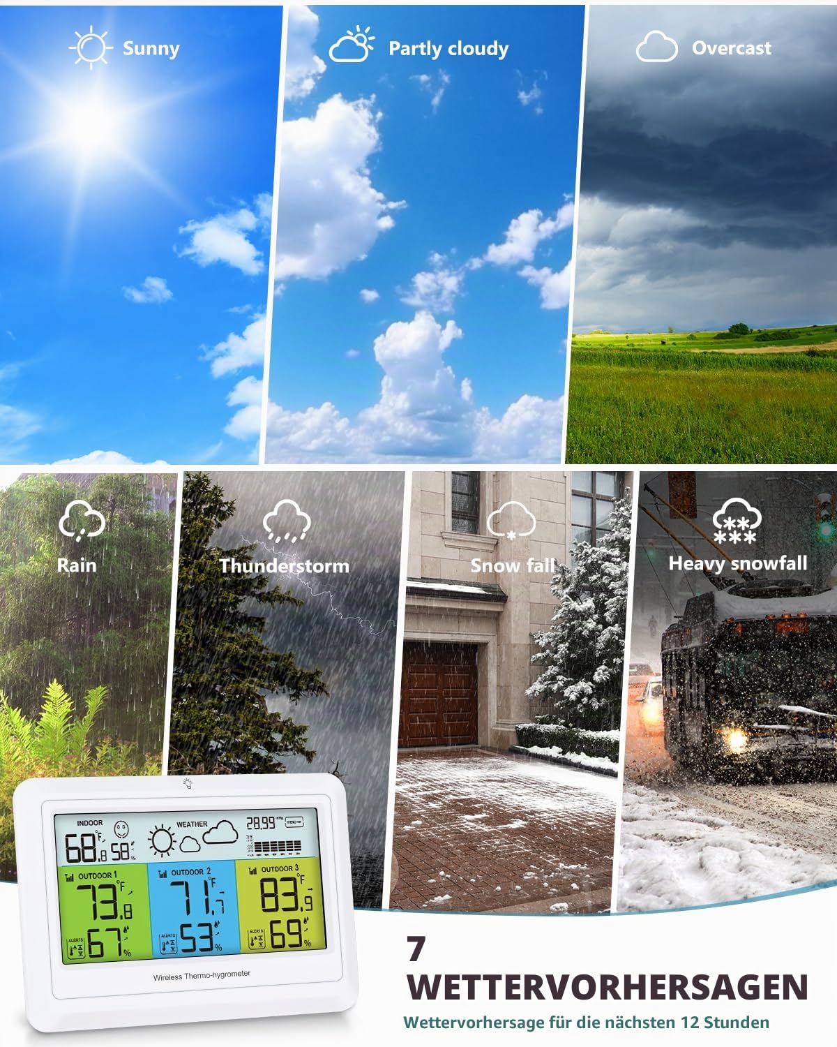 Wetterstation Kabellos Innen Außen mit 3 Sensoren, Home Wetterstationen Digital Thermometer Luftfeuchtigkeit mit Alarm, Barometer Druck, Hintergrundbeleuchtung, Vorhersagestation, für Home