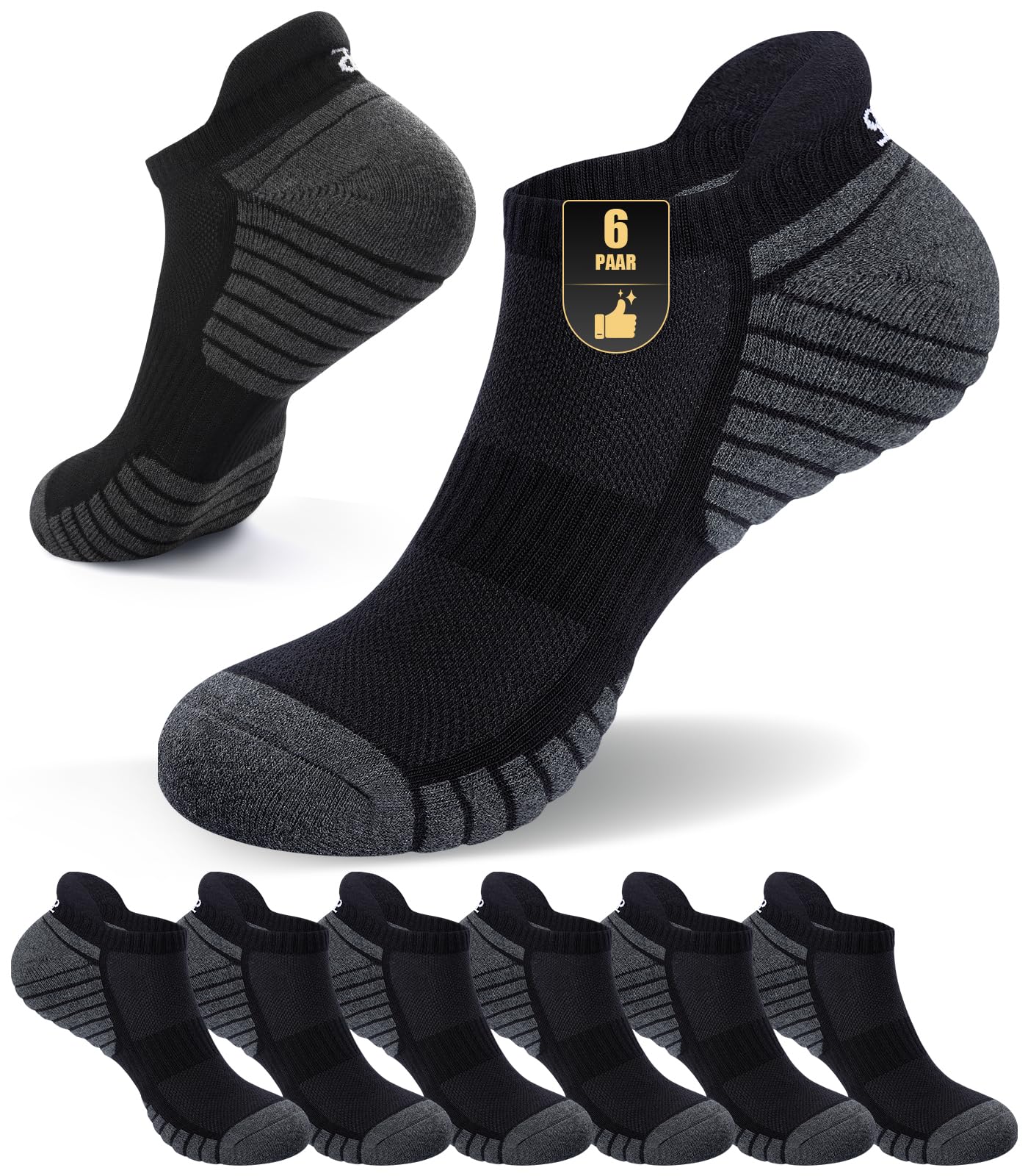 PULIOU Sneaker Socken Herren Damen, Atmungsaktive Baumwolle Laufsocken, Komfort Kurze Socken mit Gepolstert, Sommer Sportsocken Herren Damen 6 Paar
