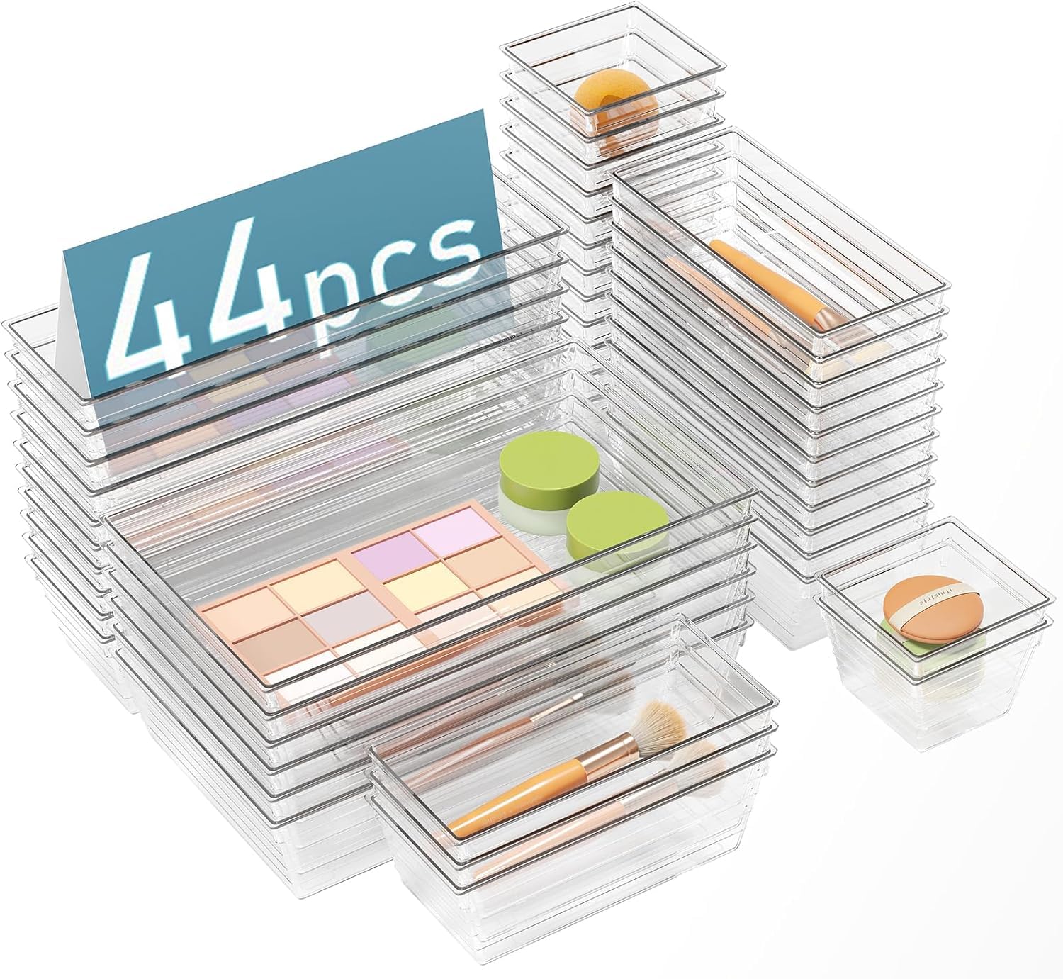 Premify 44 Pcs Clear Plastic Drawer Organizers, 4 Size Large Storage Organiser Set for Kitchen, Organizers Divider Trays for Bathroom, Makeup, Fridge Organiser, Bedroom, Office, Utensils, Jewelries Pack 44