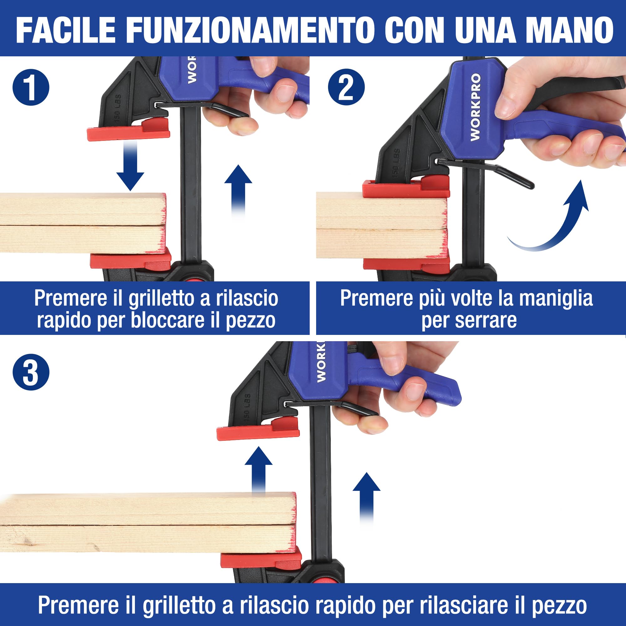 WORKPRO Set di 6 morsetti a mano singola 150 mm, forza di serraggio 22,5 kg/68 kg, apertura alare 150 mm, 4 classici e 2 mini morsetti per fissaggio preciso e lavorazione del legno