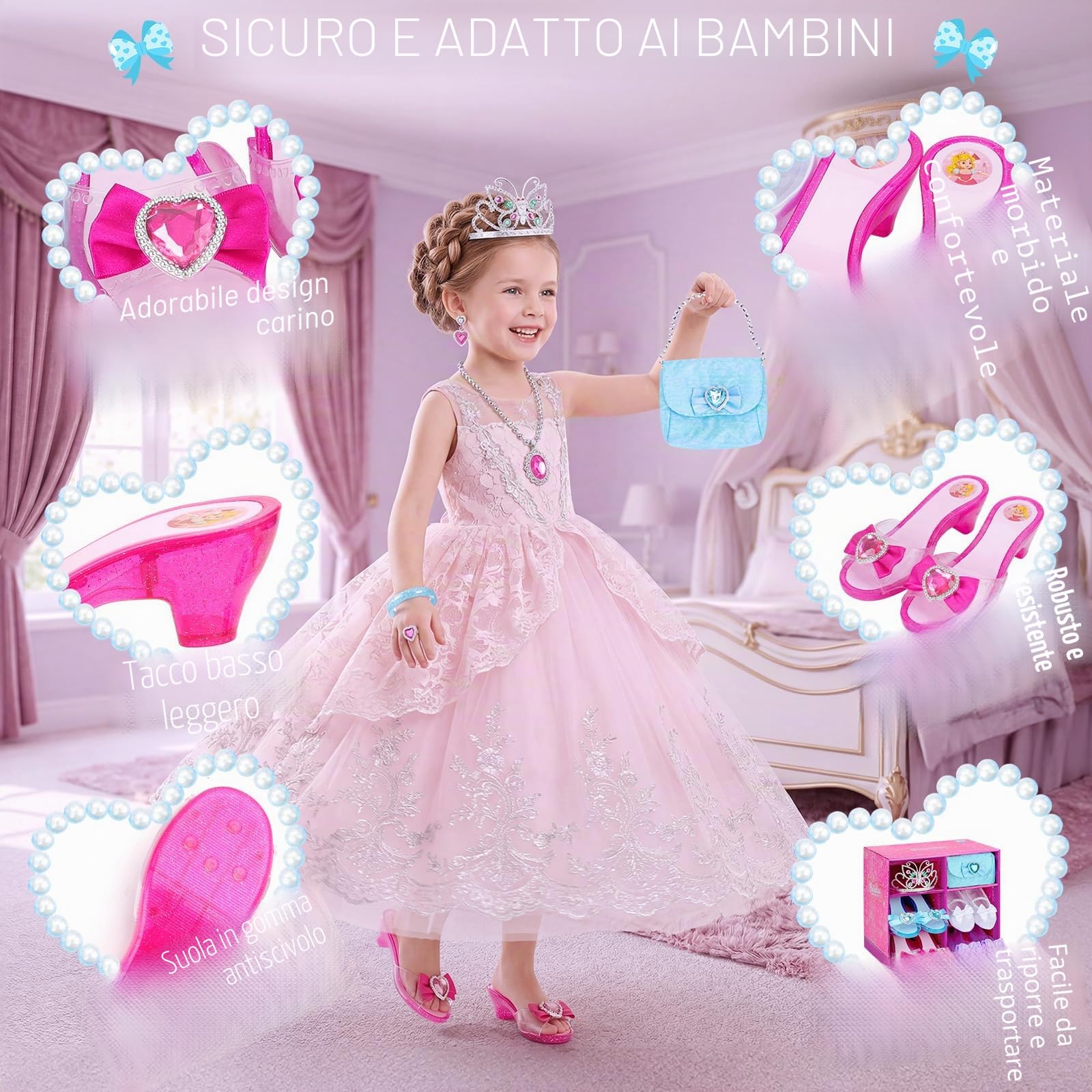 deAO Boutique Gioielli da Principessa con 4 Paia di Scarpe, bracciali, Collana, Borsa, Orecchini e Corona a Forma di Farfalla Tiara Inclusi