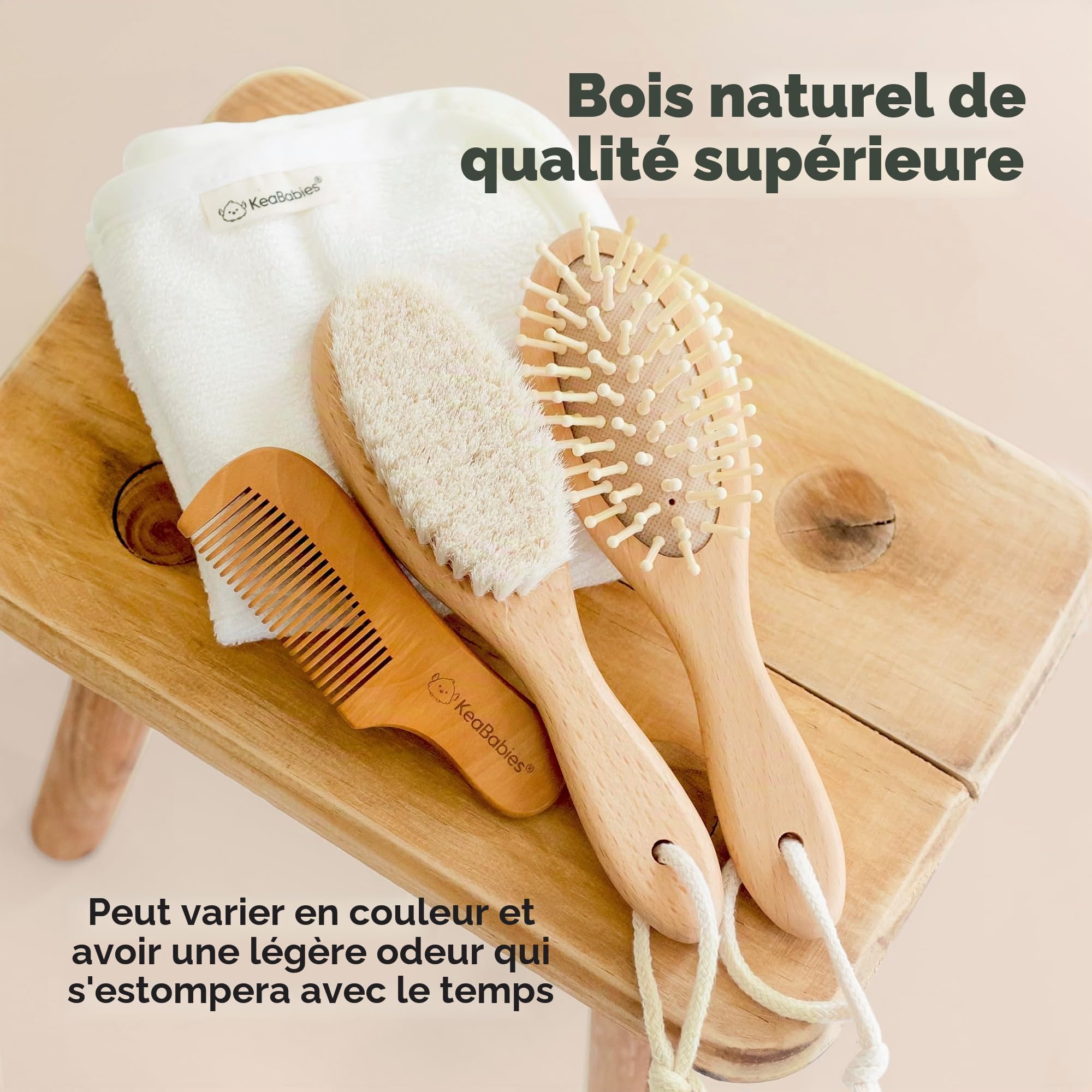 Brosse à Cheveux Bébé Pour Nouveau-né - Brosse à cheveux en bois naturel avec poils de chèvre doux pour berceau - Kit de toilettage parfait du cuir chevelu pour nourrissons, tout-petits et enfants