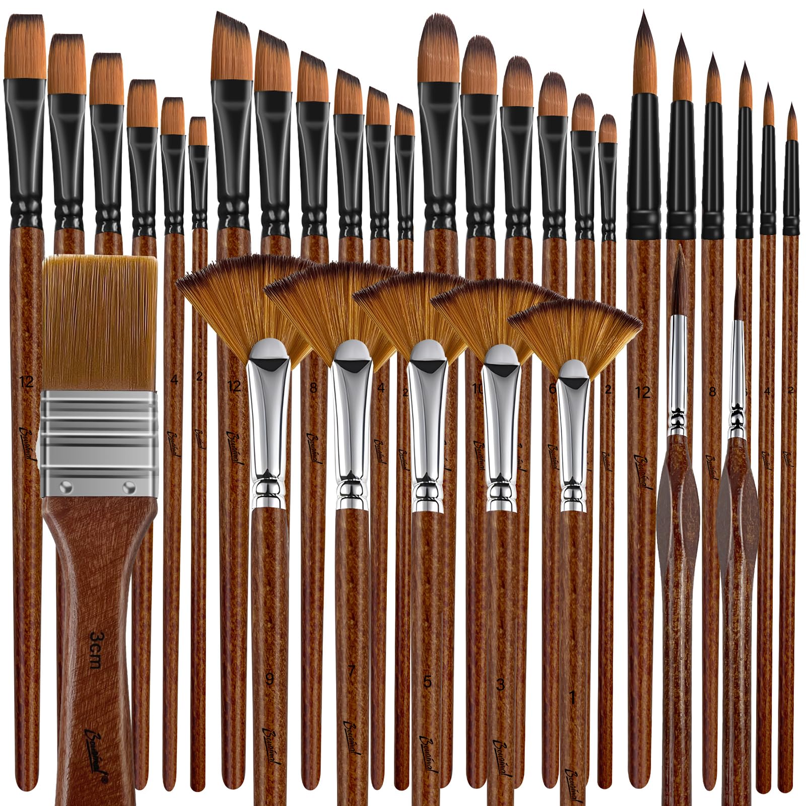Bougimal Pinceles Pintura Acrilica, 32 Estuche Pinceles Acuarela con Redondos, Finos, Miniaturas, Plano, Cuadrados Pincel, para Acuarelas Profesionales/AcríLicas/Oleo Pinturas, Marrón Rojizo