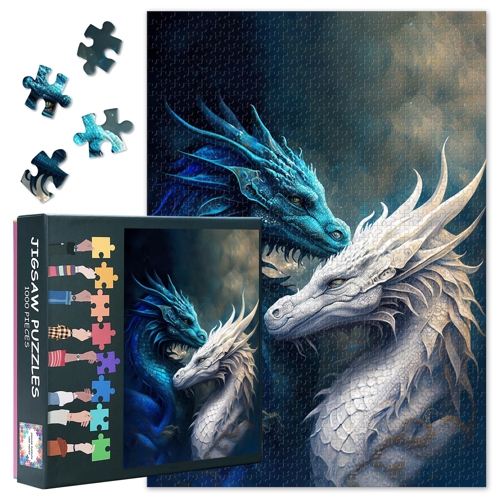 1000 Piece Puzzle for Adults - Majestic Blue & White Dragons Epic Fantasy Battle Jigsaw Puzzles 1000 Pieces, Coolest Adult Puzzles - 27.5x19.7 in