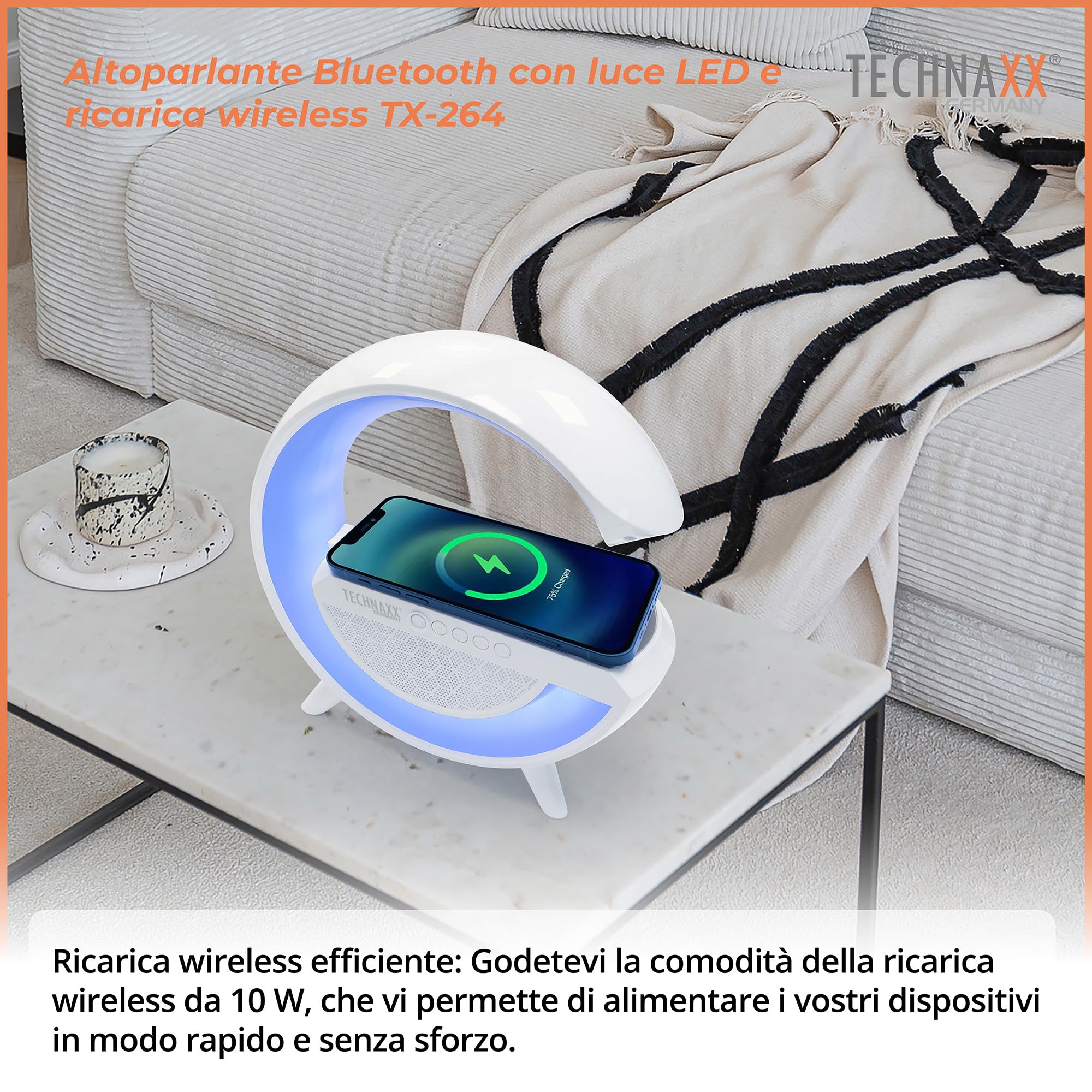 Technaxx Lampada da Comodino LED con Altoparlante Bluetooth e Ricarica Wireless 10W, Luce RGB Atmosfera, Caricatore Qi, USB MicroSD Radio FM AUX, Vivavoce, Stazione Multifunzione TX-264