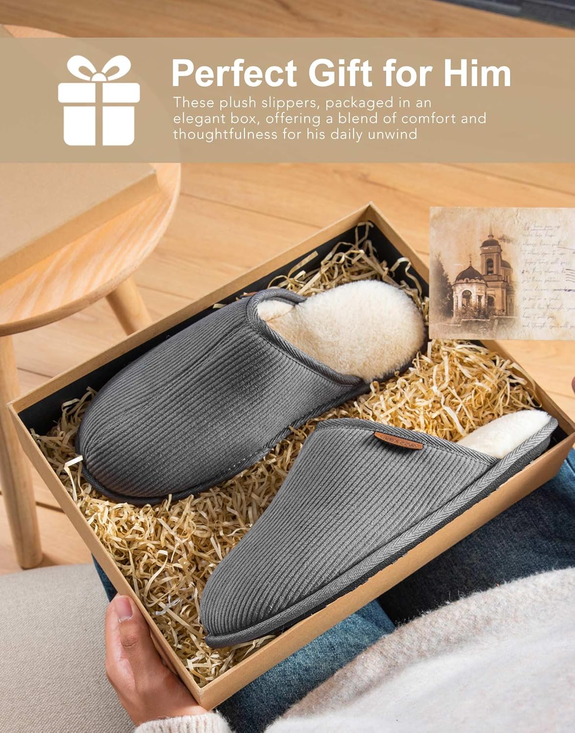 VeraCosy Men's Corduroy Scuff Slippers Soft Comfy Memory Foam Non-slip Indoor House Shoes - Image 7