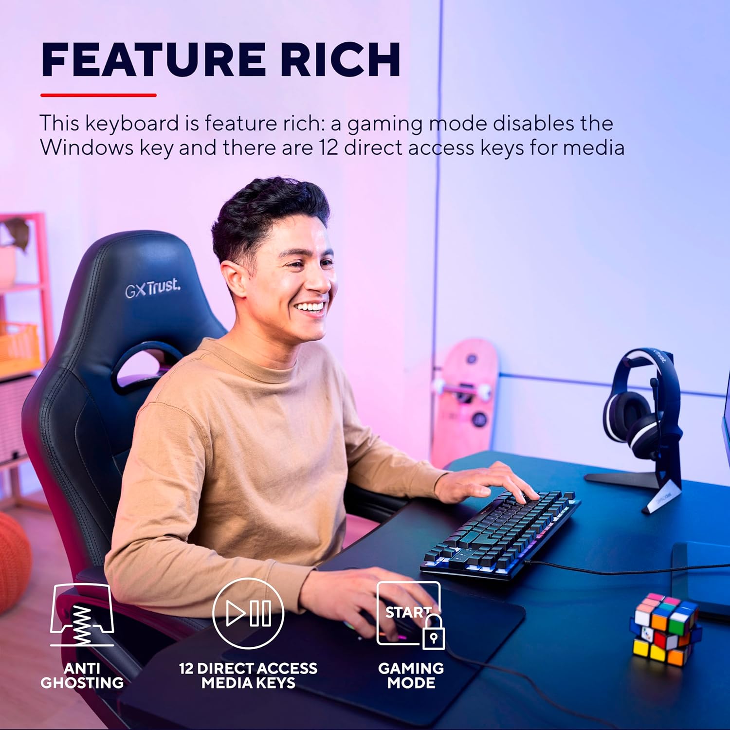 Close-up of the Trust Gaming GXT 833 Thado TKL RGB Gaming Keyboard showing multi-color LED illumination