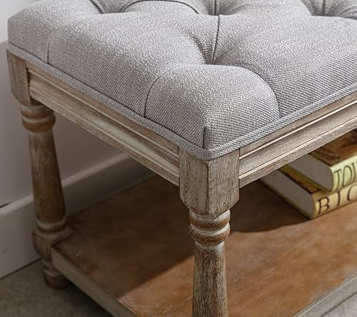 Miniatura 7 de DUOMAY Mid-Century - Banco de almacenamiento copetudo con estante, banco tapizado de lino para zapatos, taburete otomano para dormitorio, sala de