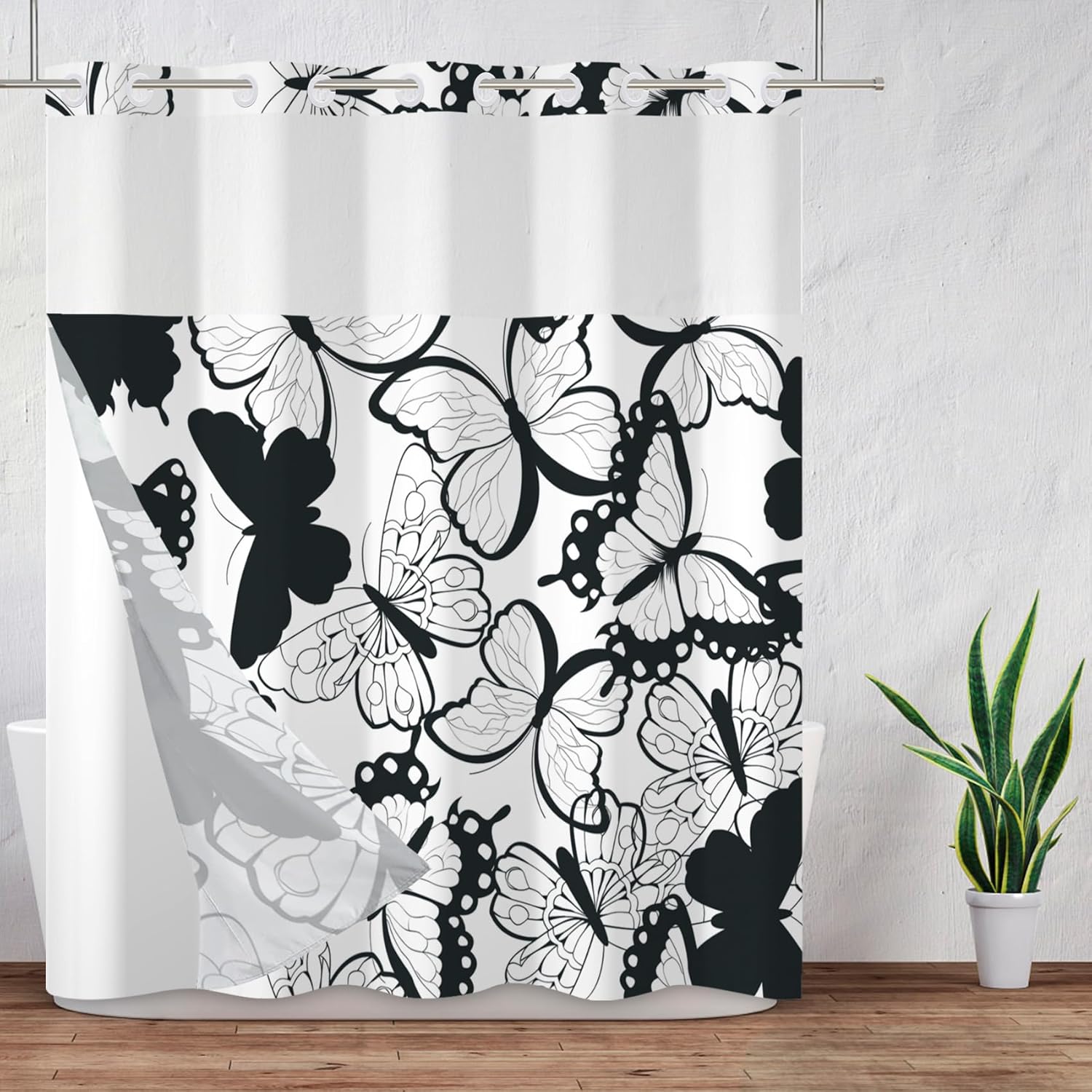 Baocicco Black and White Butterfly No Hook Shower Curtain with Snap in Liner Decorative Aesthetic Women Girls Hotel Style Waterproof Fabric Double Layers with See Through Mesh Top Window 71x74 Inch