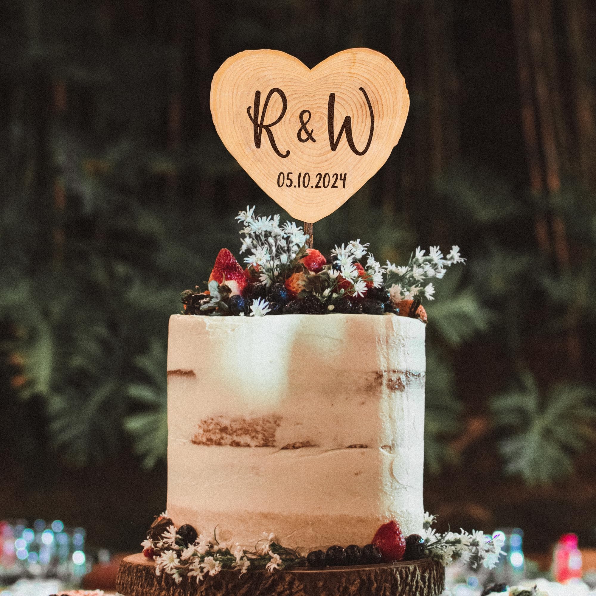 Party to Be Rustic Wedding Cake Topper Wood Slice Design Custom Bride & Groom's Initials and Date Personalized Wedding Cake Decoration (Design 02)